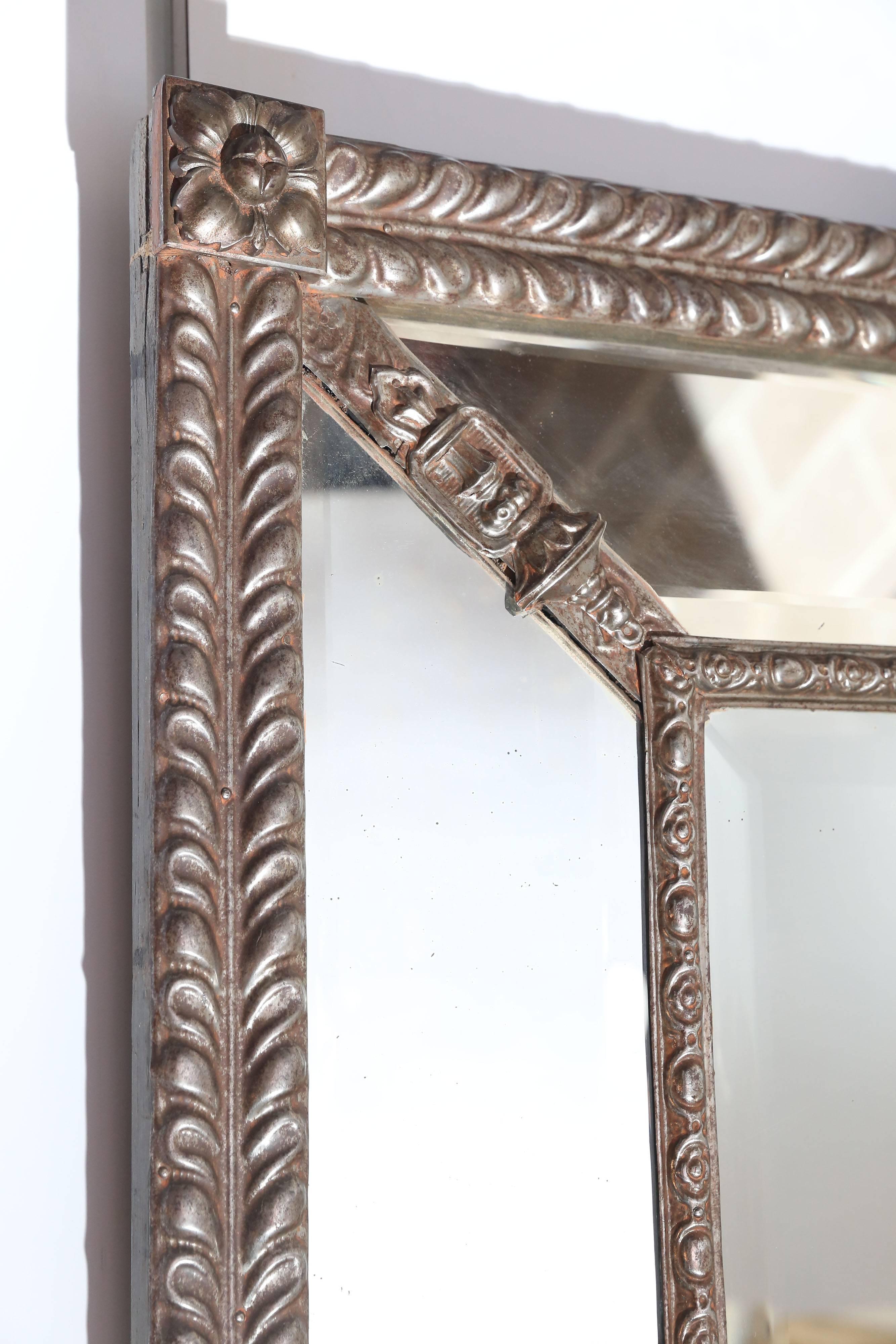 Cast Large Beveled Mirror with Decorative Metal Frame