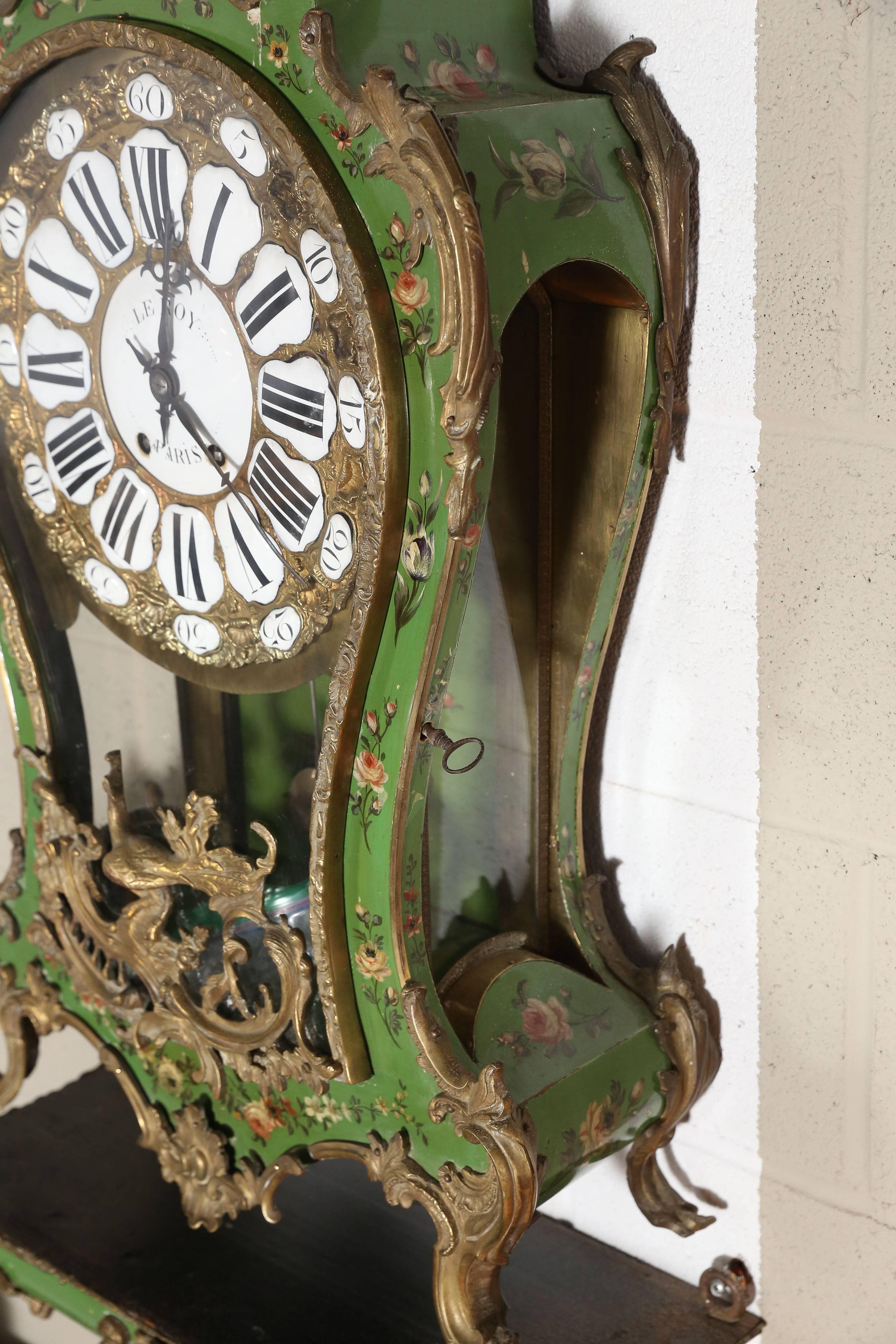 Louis XV  Large Pierre Le Roy Cartel Clock in Hand-Painted Case & Bracket For Sale