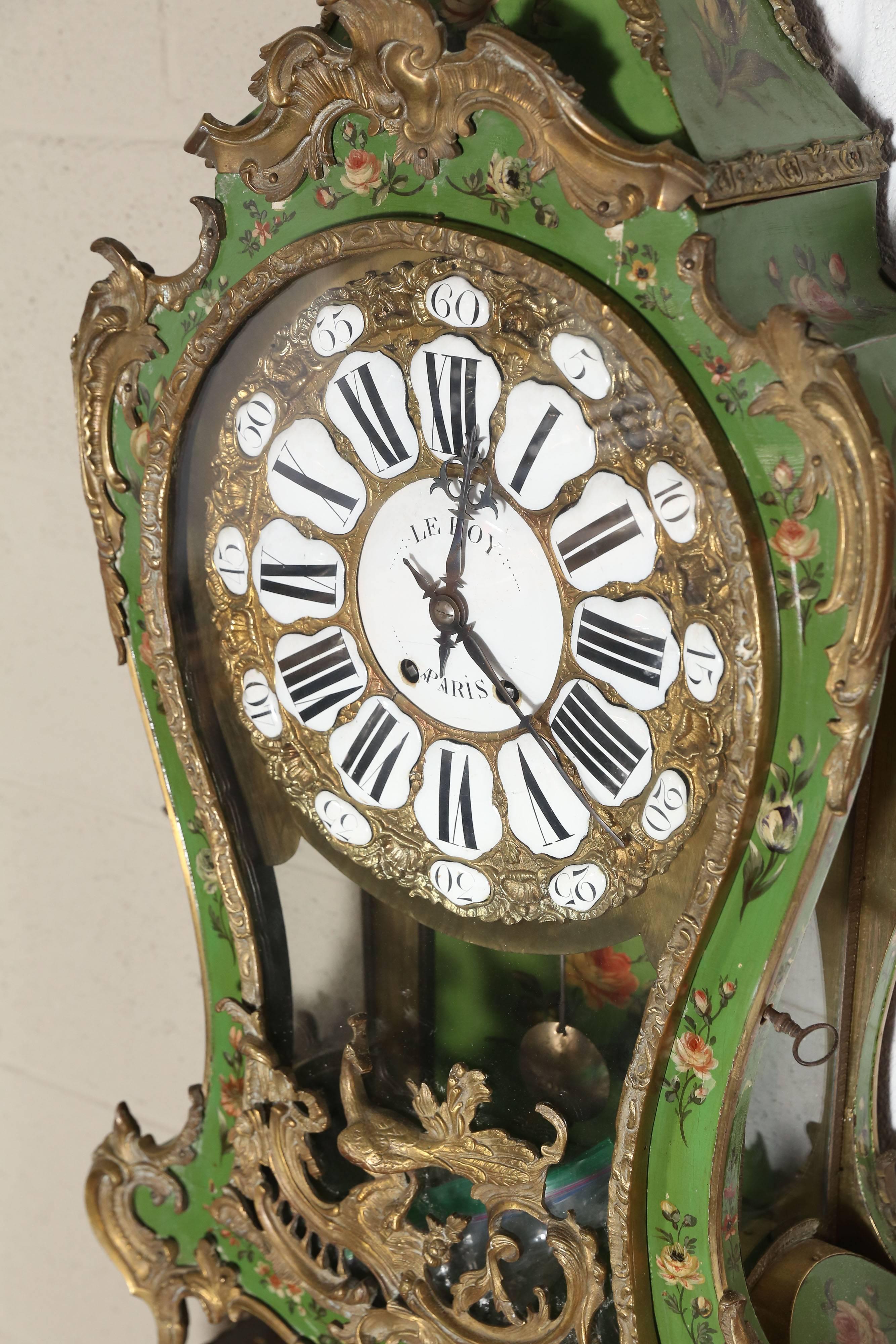 French  Large Pierre Le Roy Cartel Clock in Hand-Painted Case & Bracket For Sale
