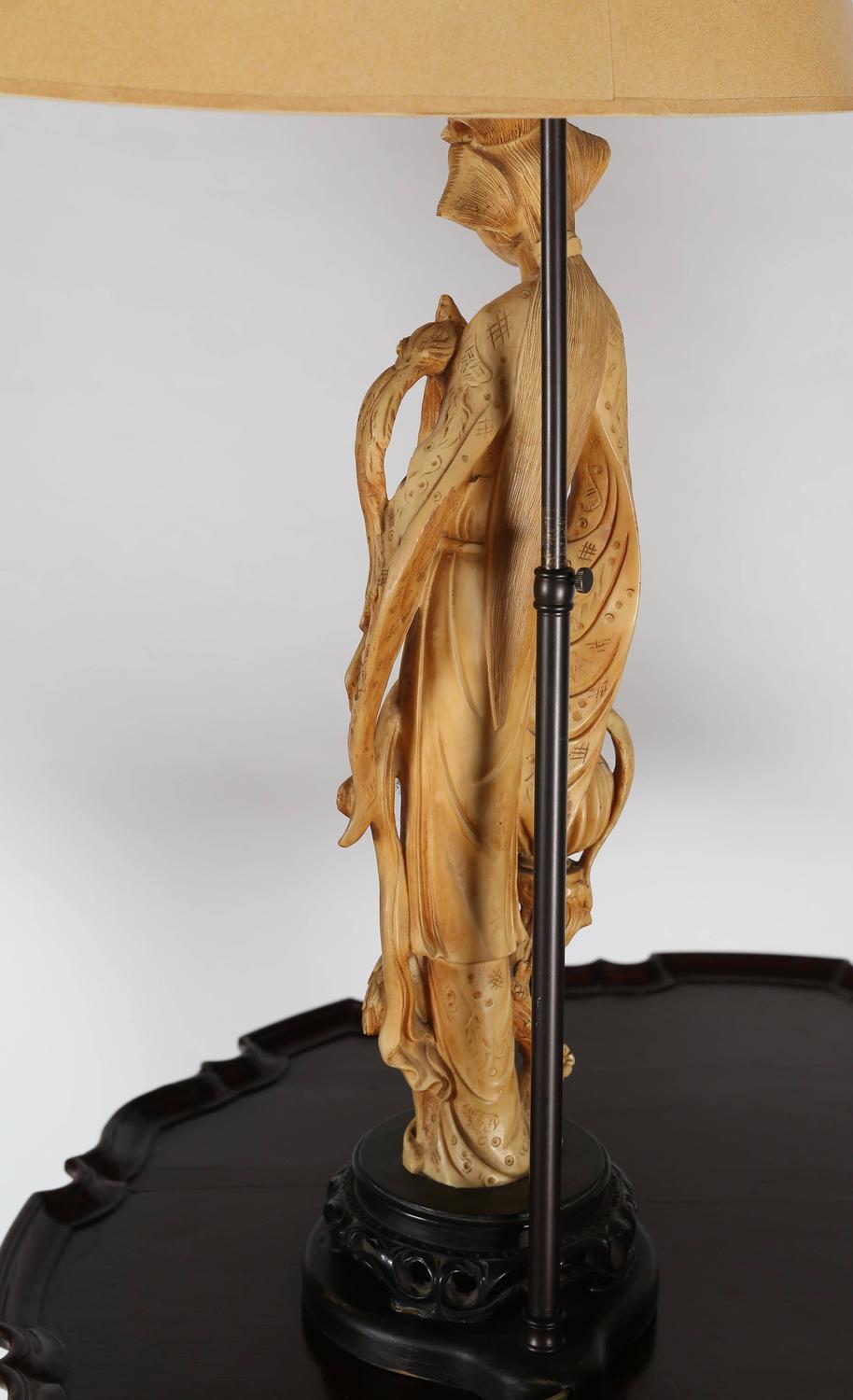 Pair of Vintage Resin Lamps with Highly Refined Carved Chinese Figures