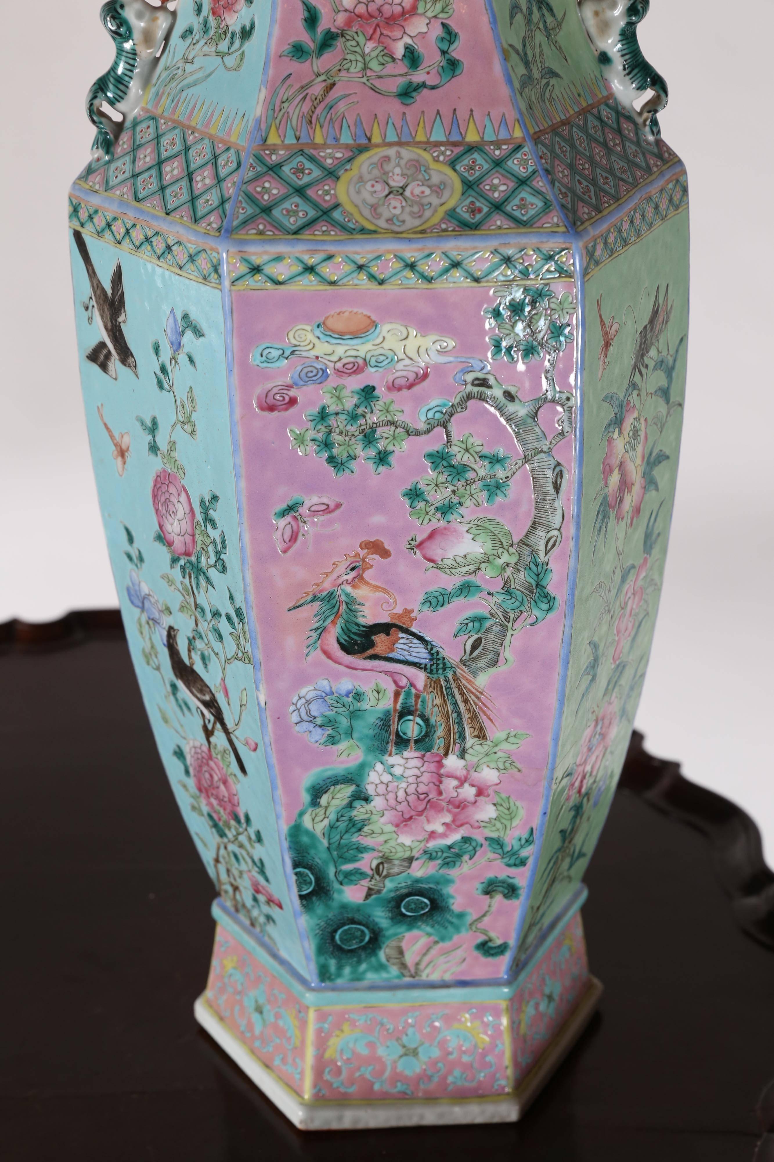 Chinese Hexagon vases feature patterns painted in soft pinks, greens, and blues.
Pink and rose-colored flowers have stems with lovely shaded leaves of various greens.

Colorful birds and insects are quite charming (my favorite being the