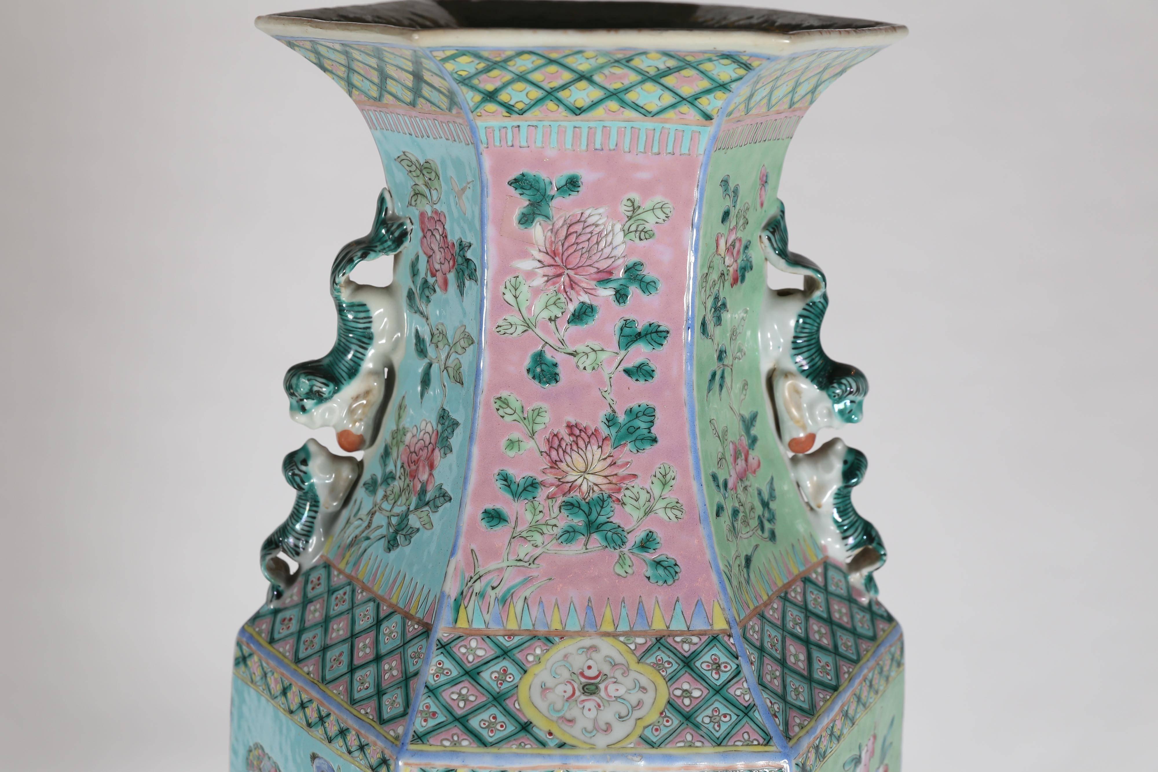 Painted Pastel Colored Pair of Tall Hexagon Chinese Vases