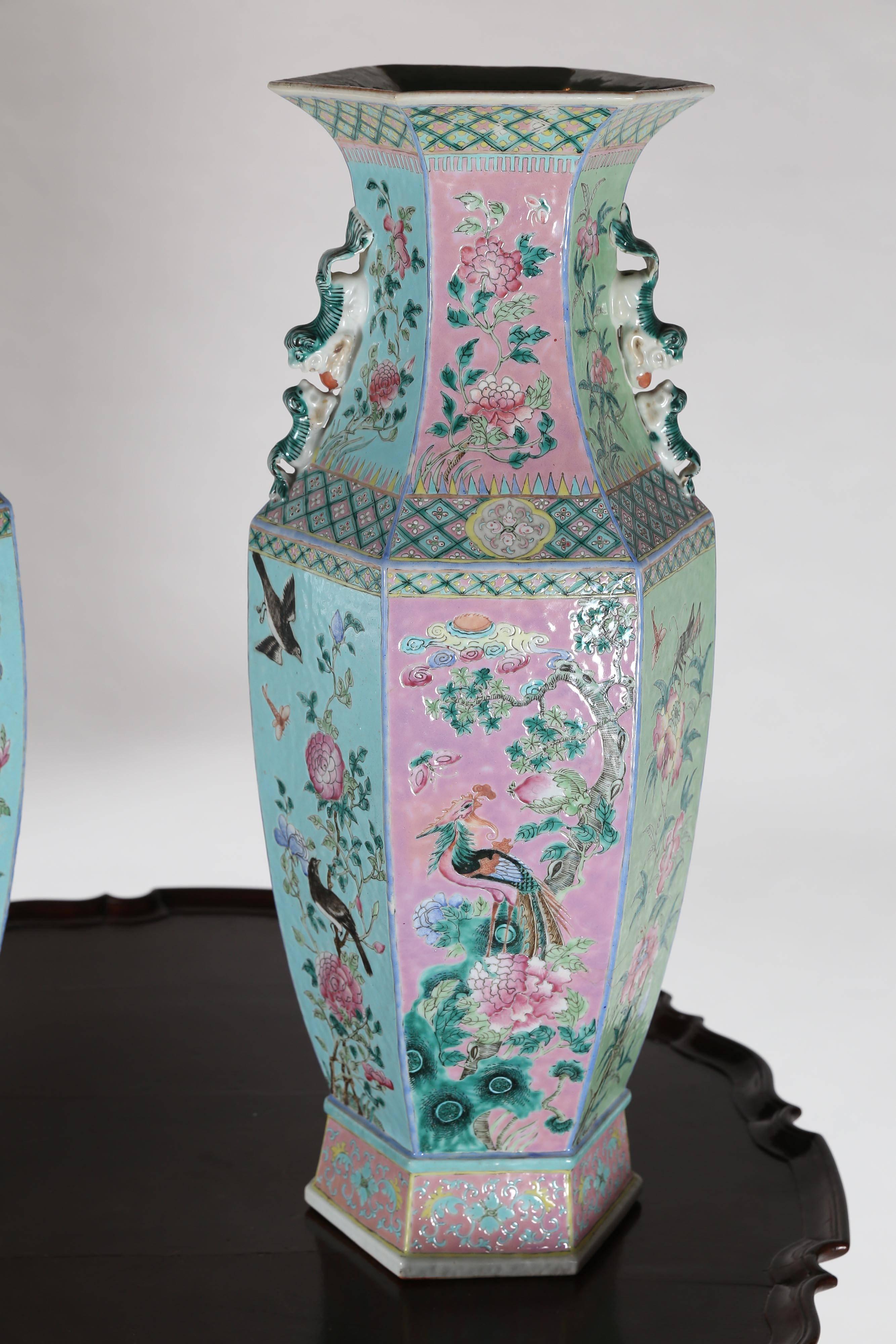 Pastel Colored Pair of Tall Hexagon Chinese Vases In Excellent Condition In Houston, TX