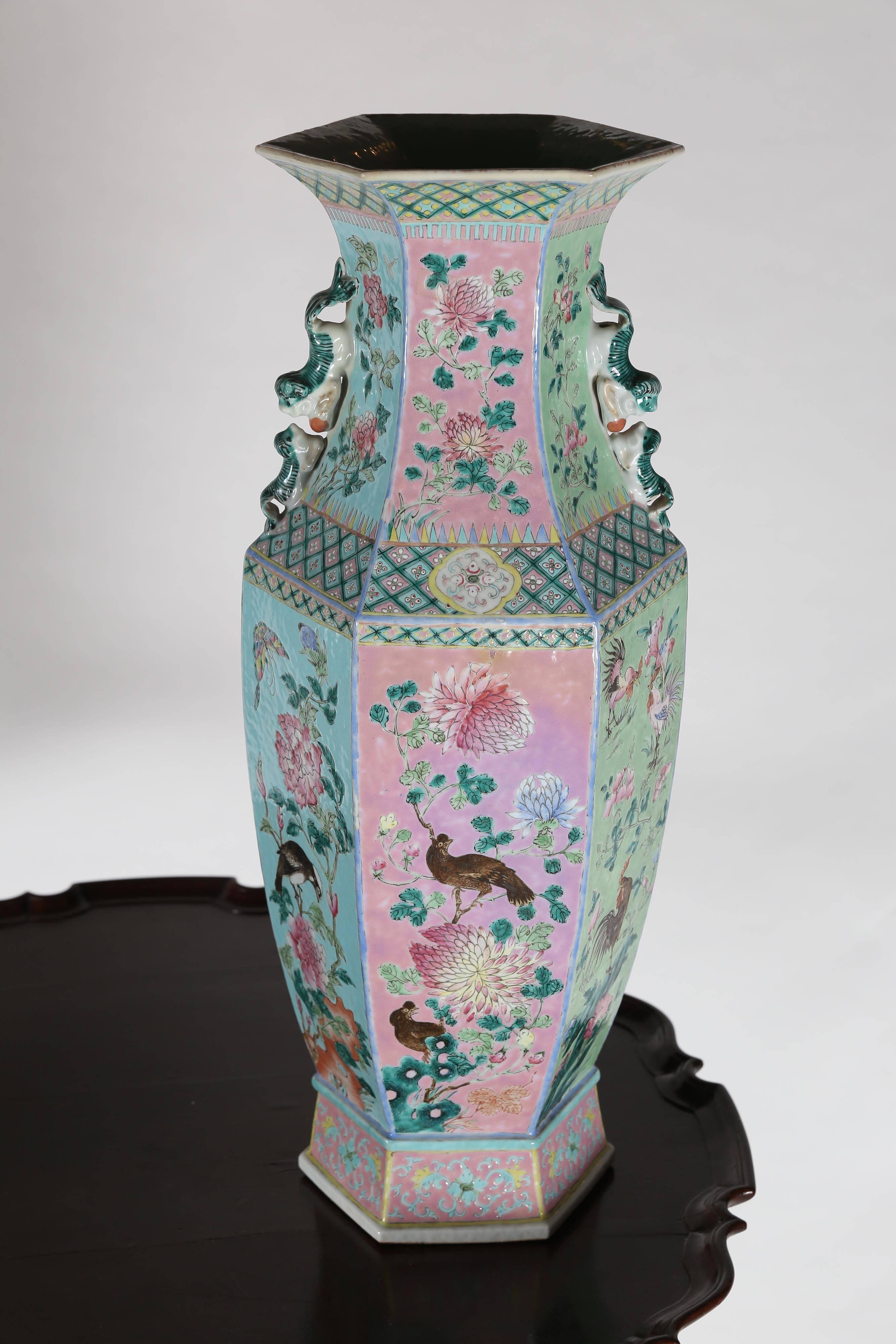 20th Century Pastel Colored Pair of Tall Hexagon Chinese Vases