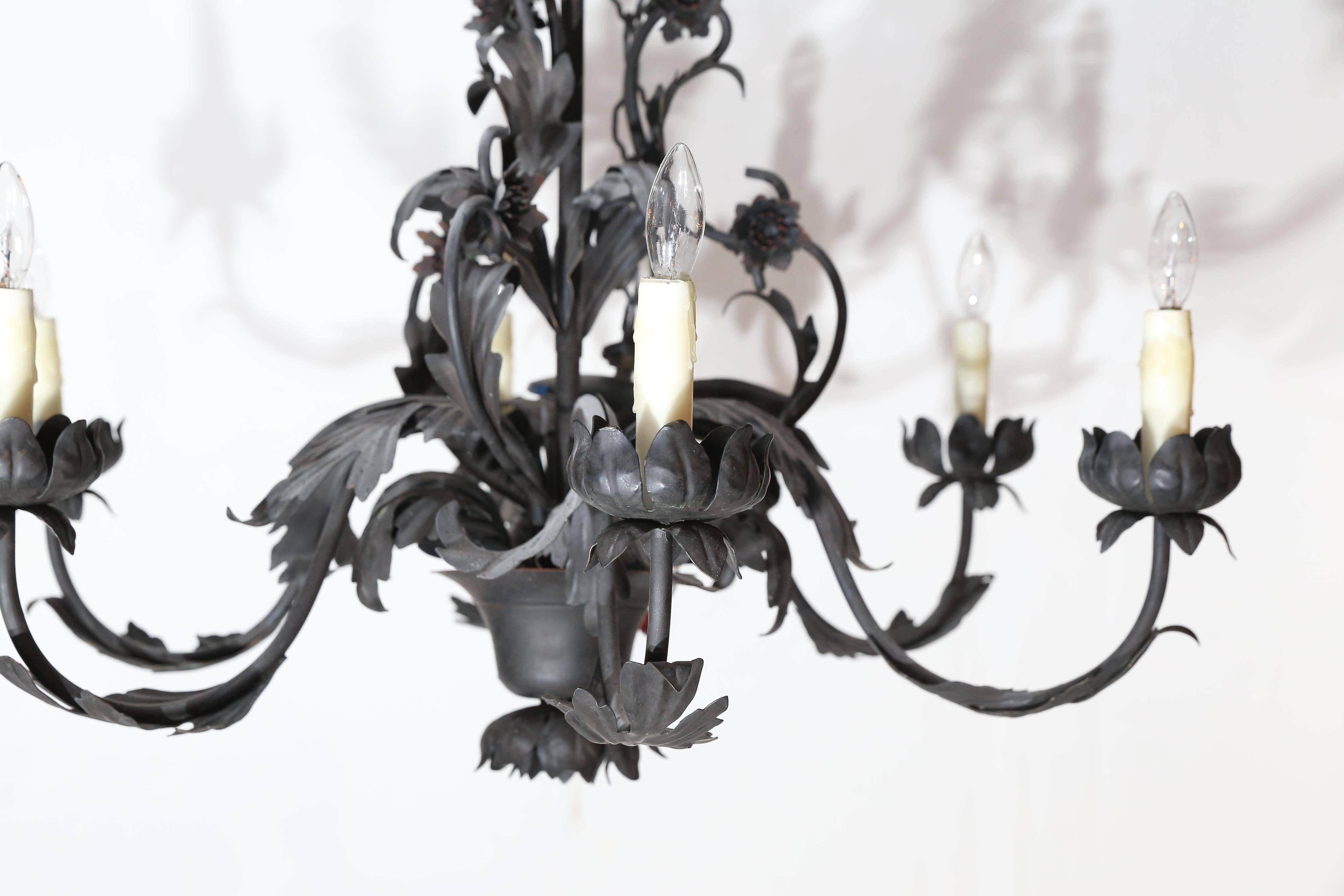 Spanish Colonial 6-Lite Wrought Iron Chandelier with Cast Leaves For Sale