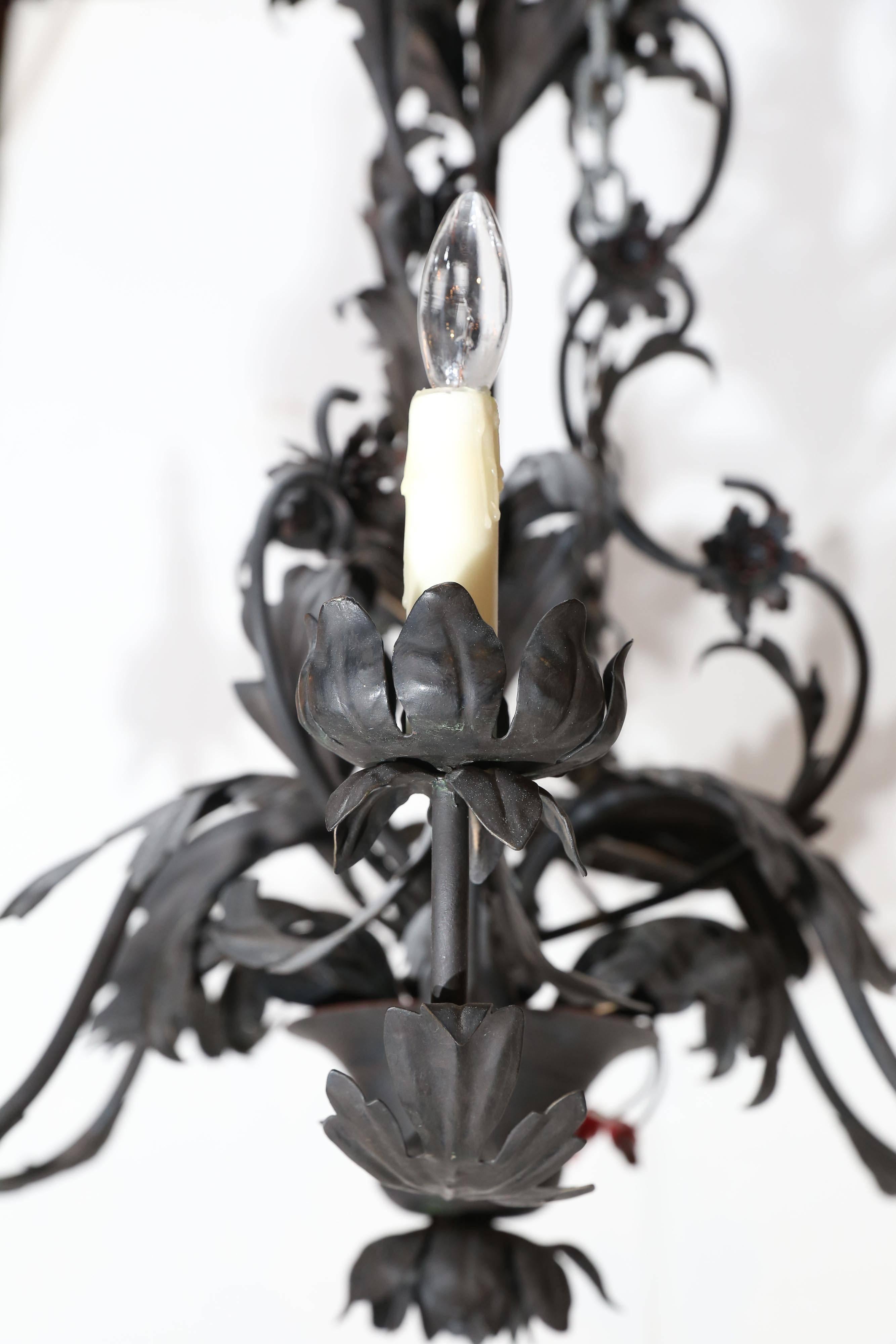 Spanish 6-Lite Wrought Iron Chandelier with Cast Leaves For Sale