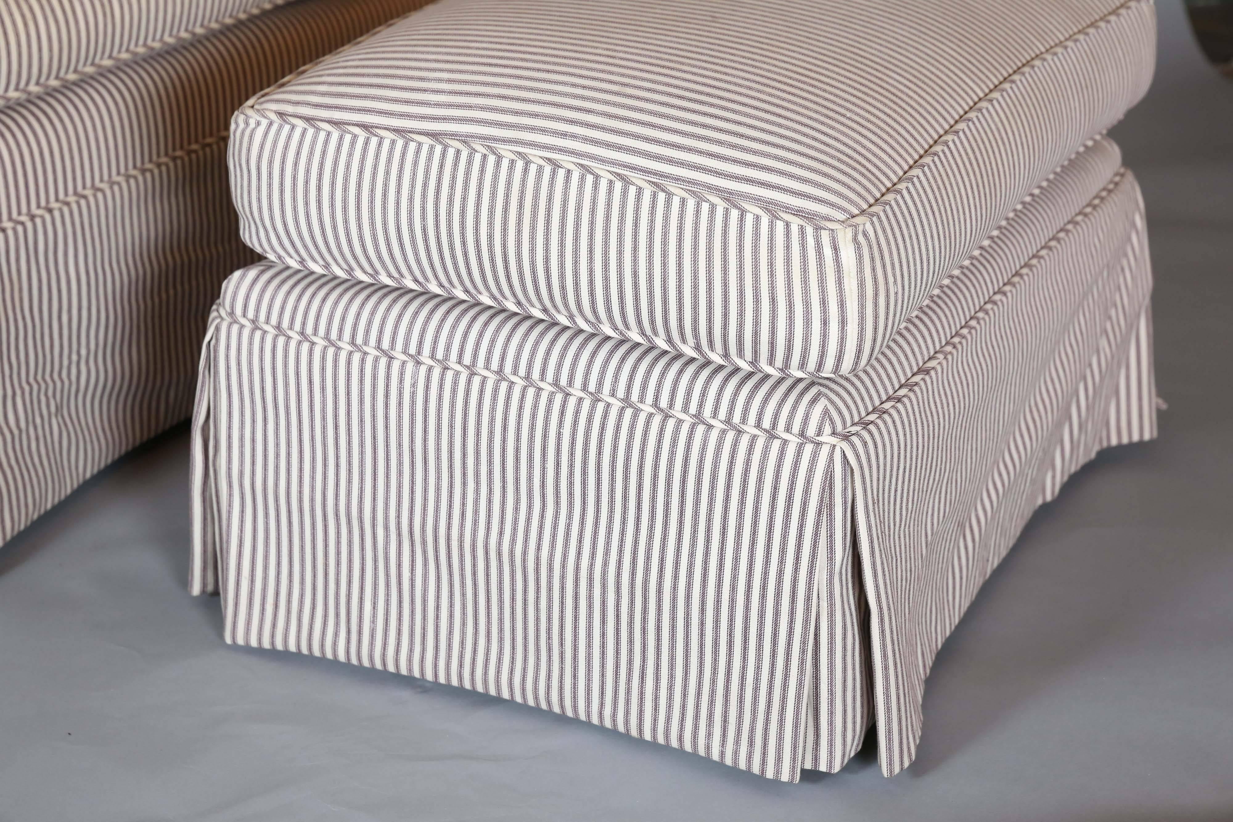 American Classical Custom Down-Filled Skirted Club Chair and Ottoman in Ticking Stripe For Sale