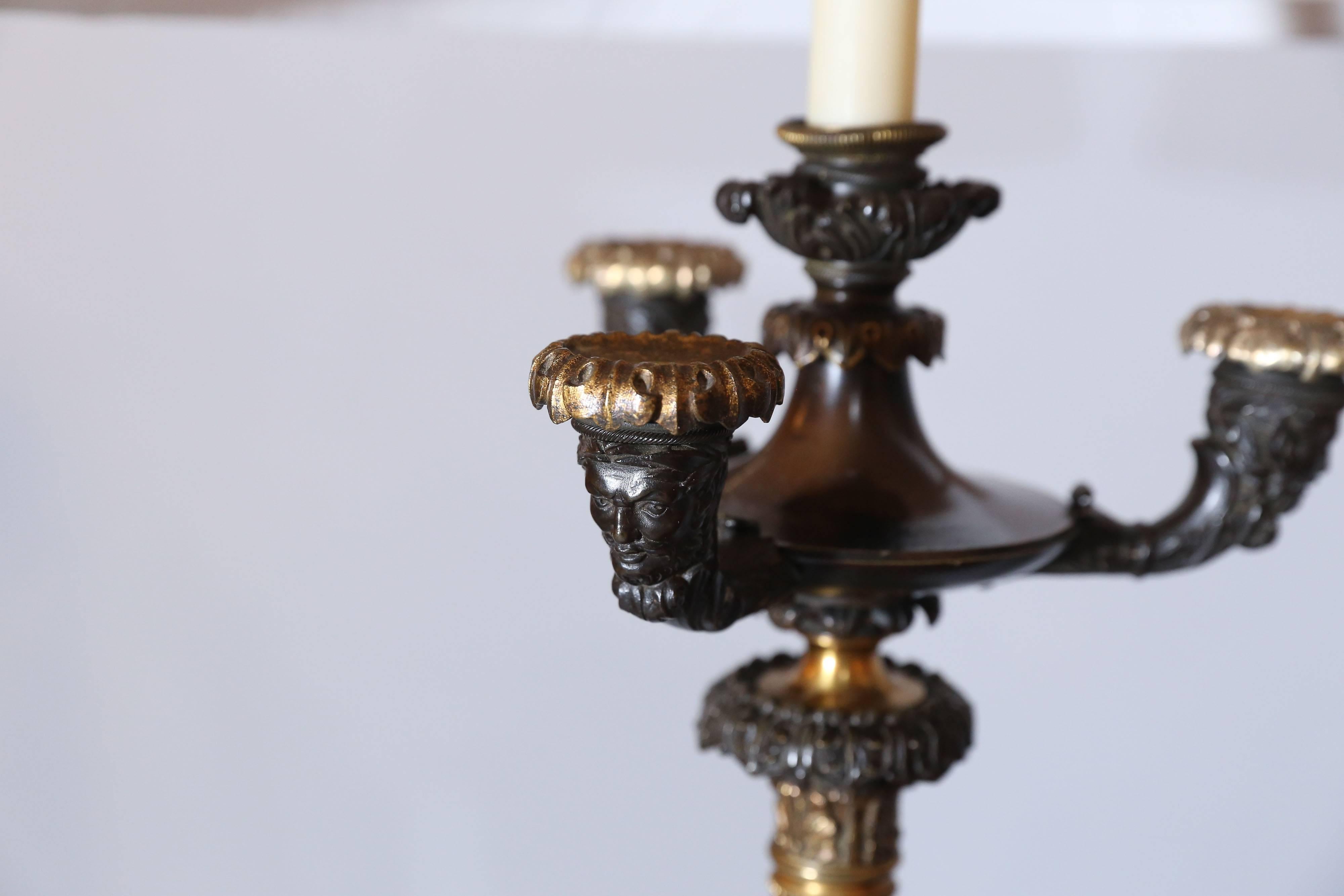 French Good Pair of Regency Four-Light Bronze and Marble Candelabra For Sale