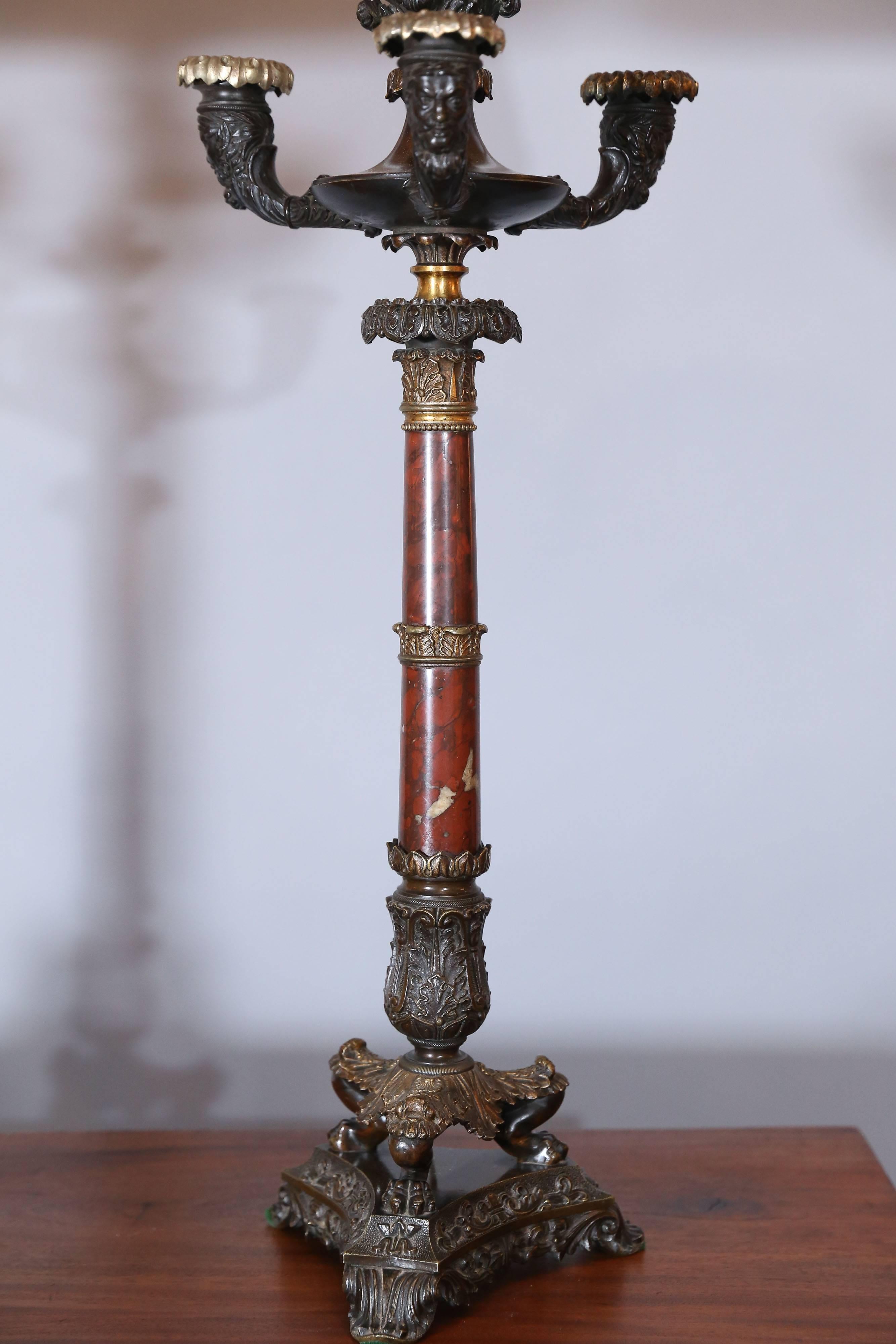Good Pair of Regency Four-Light Bronze and Marble Candelabra In Excellent Condition For Sale In Houston, TX