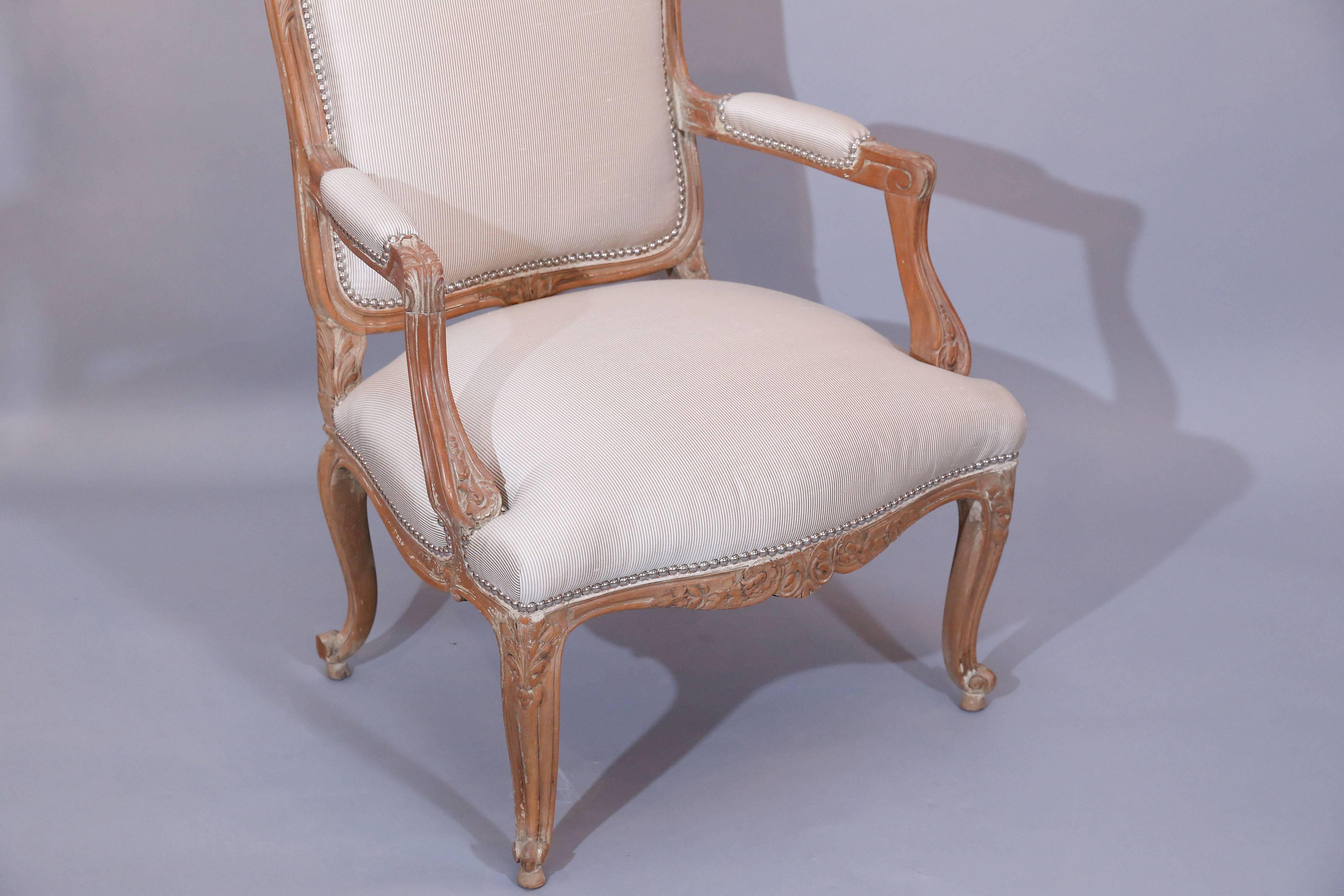 Louis XV Pair of Pickled Reproduction Fauteuils with Stripe Silk and Nailhead Trim For Sale