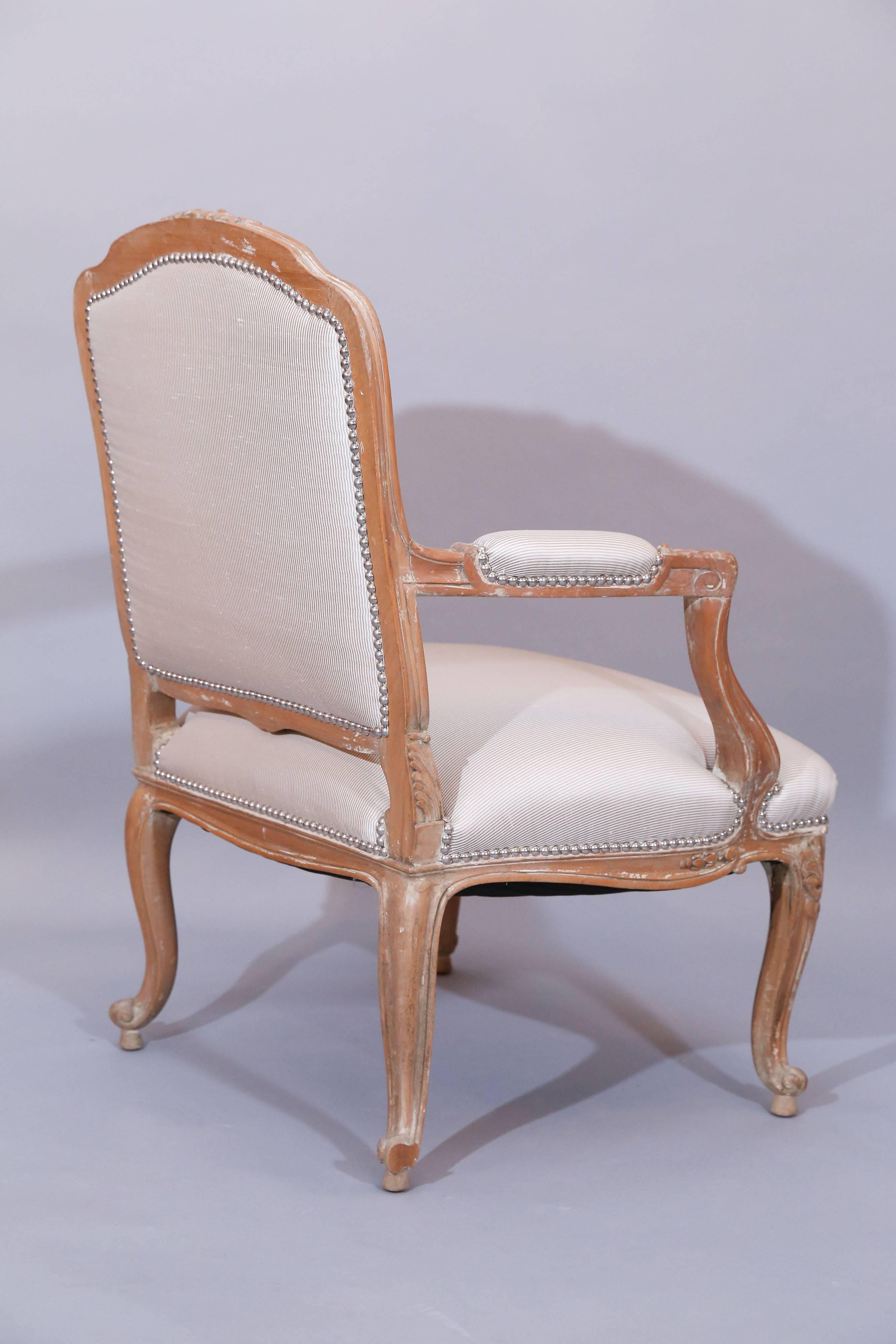 French Pair of Pickled Reproduction Fauteuils with Stripe Silk and Nailhead Trim For Sale