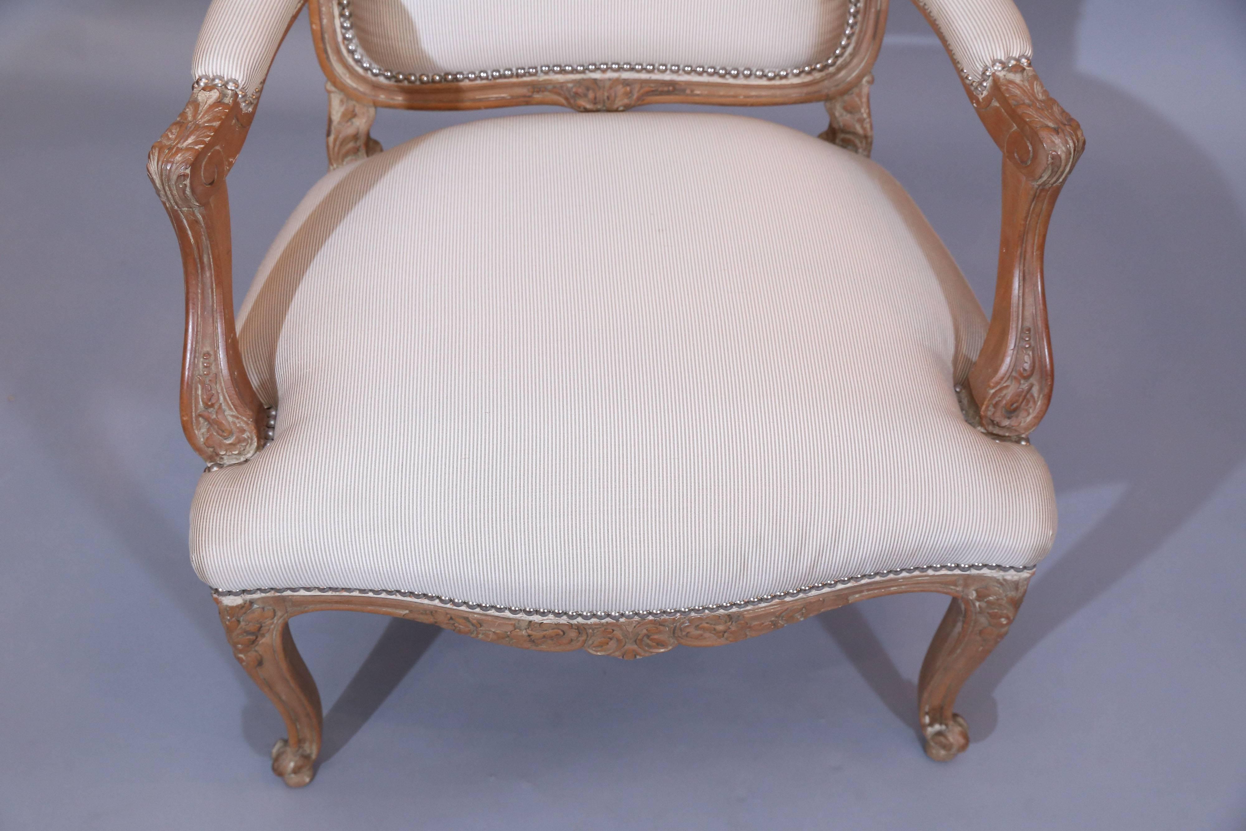 Carved Pair of Pickled Reproduction Fauteuils with Stripe Silk and Nailhead Trim For Sale