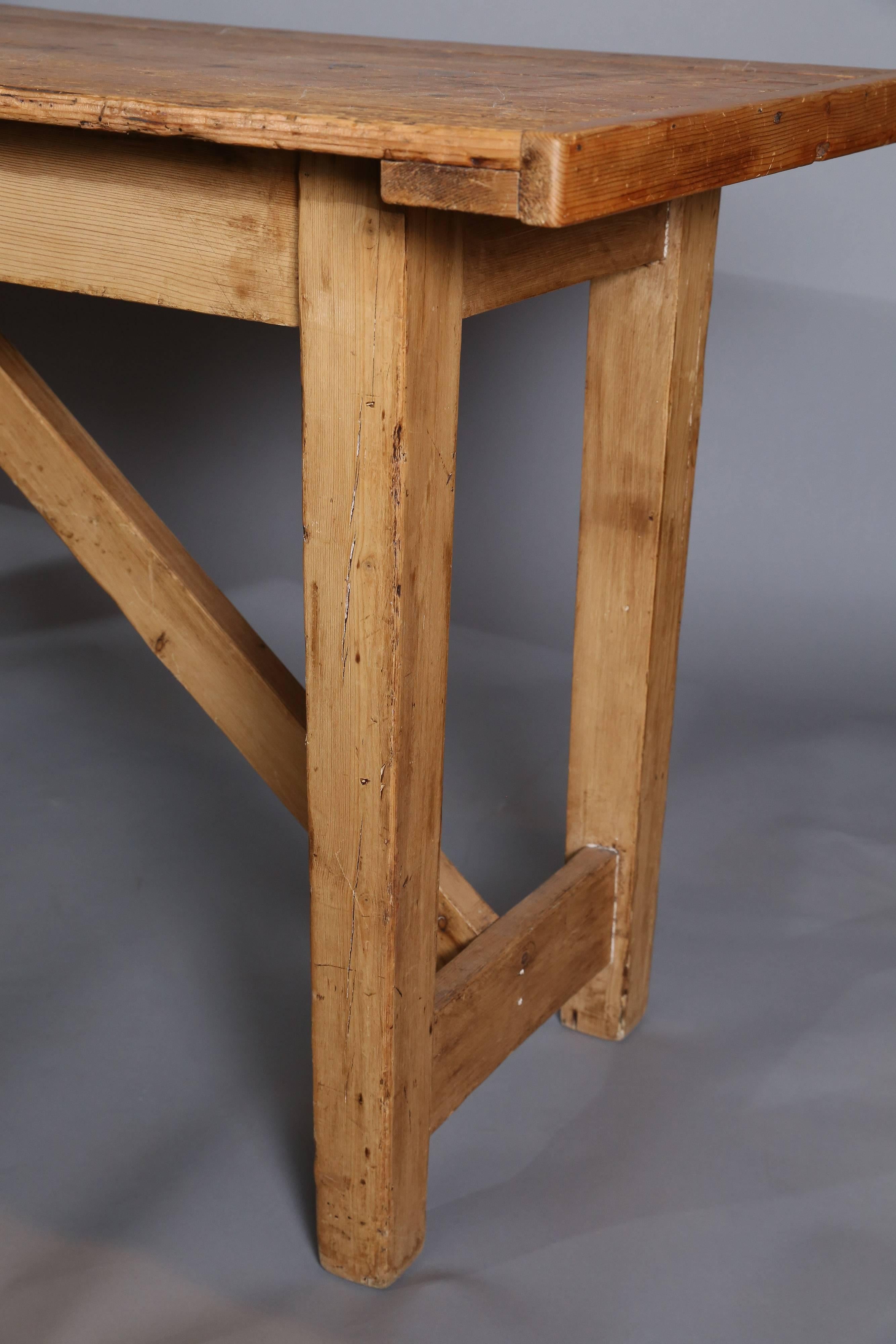 Country Antique Rustic Pine Worktable or Console with Trestle Base