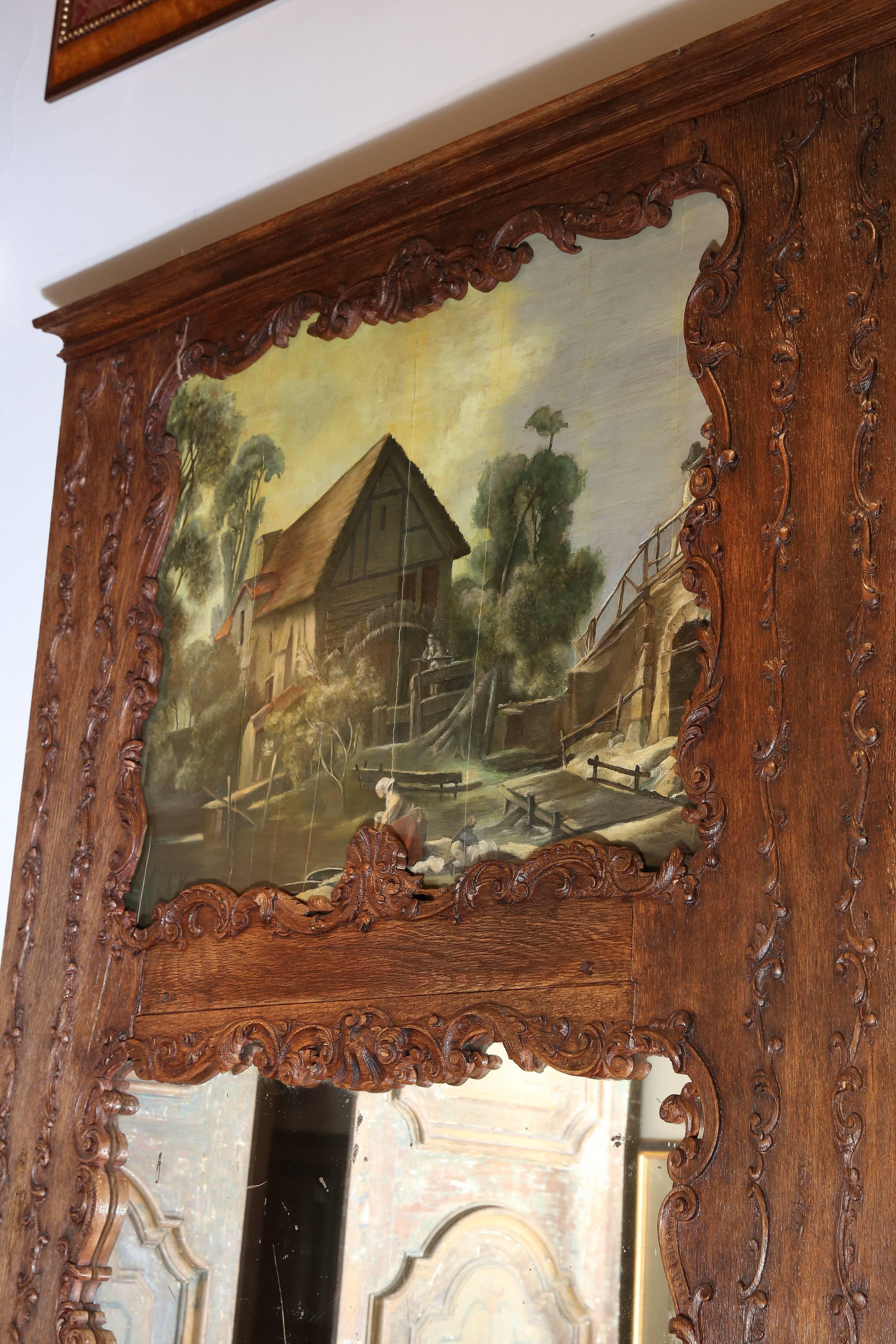 Louis XV Dark Stained Oak Trumeau with Painted Country Scene For Sale