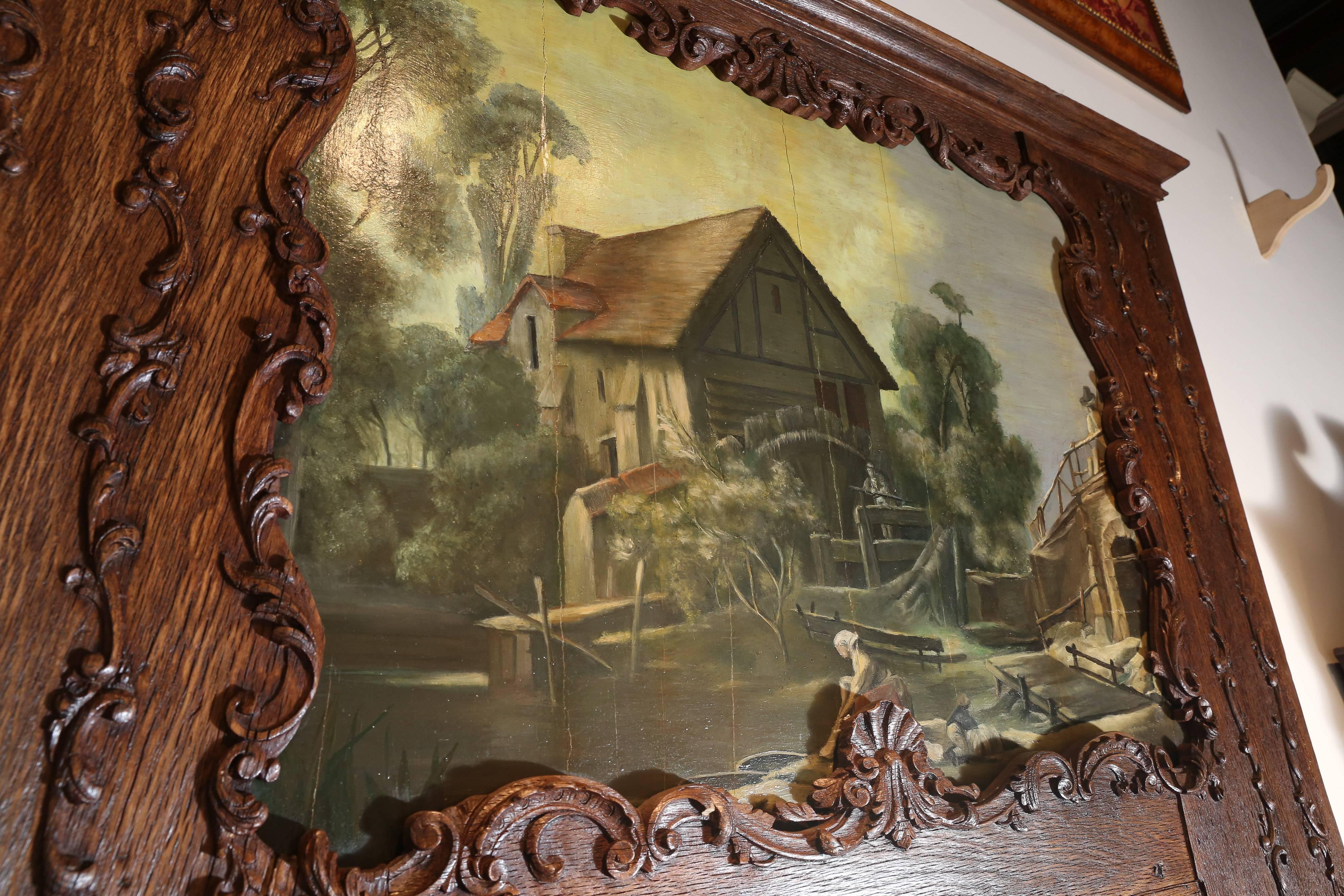 Dark Stained Oak Trumeau with Painted Country Scene For Sale 2