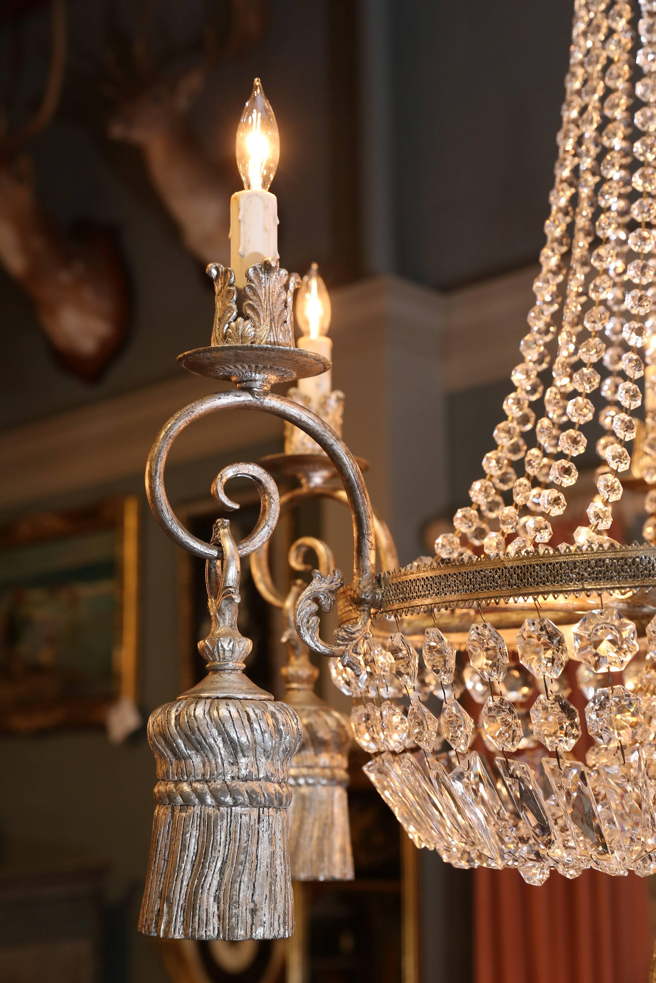 Carved Six-Light Empire Style Chandelier with a Silver Finish For Sale