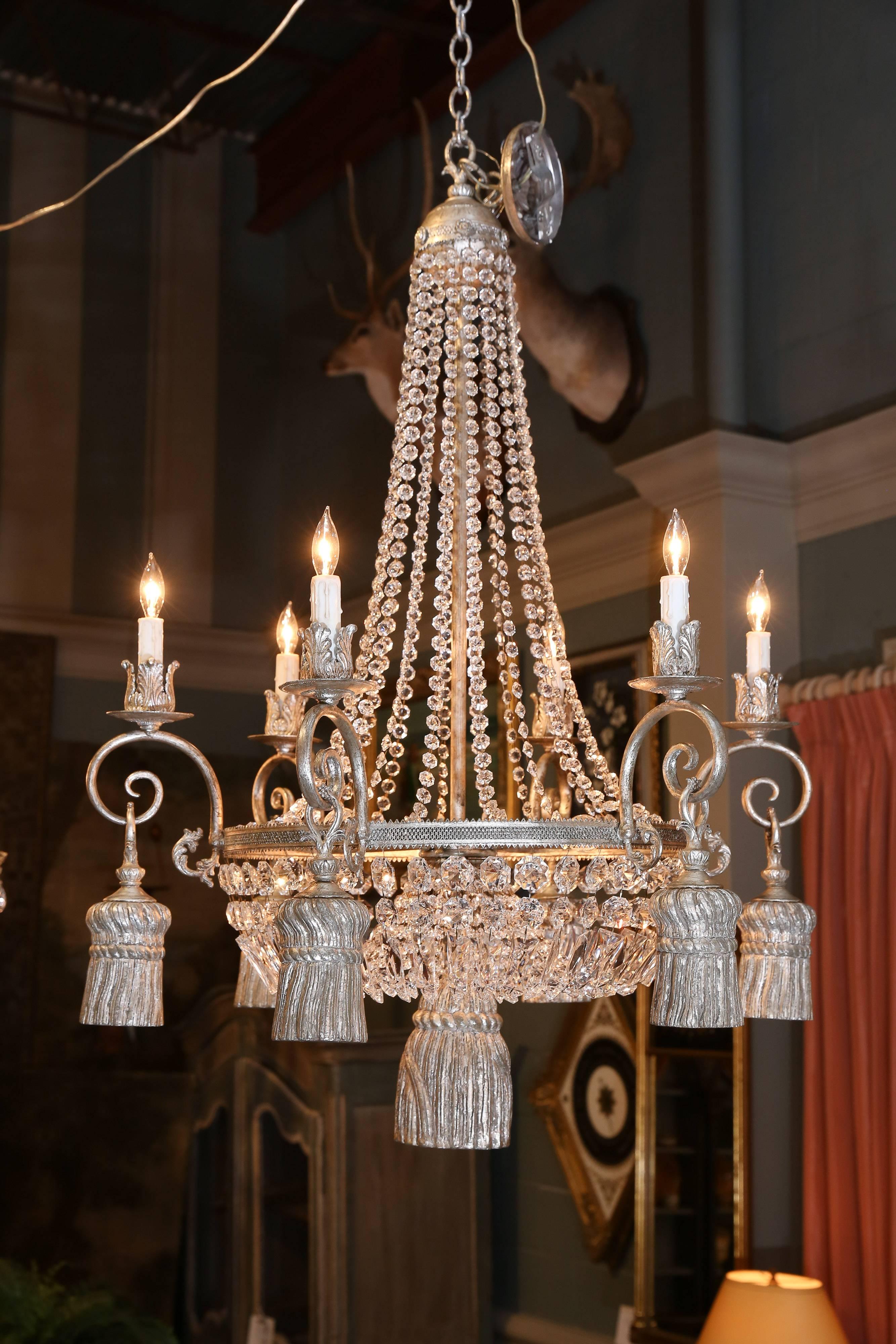 Brass Six-Light Empire Style Chandelier with a Silver Finish For Sale