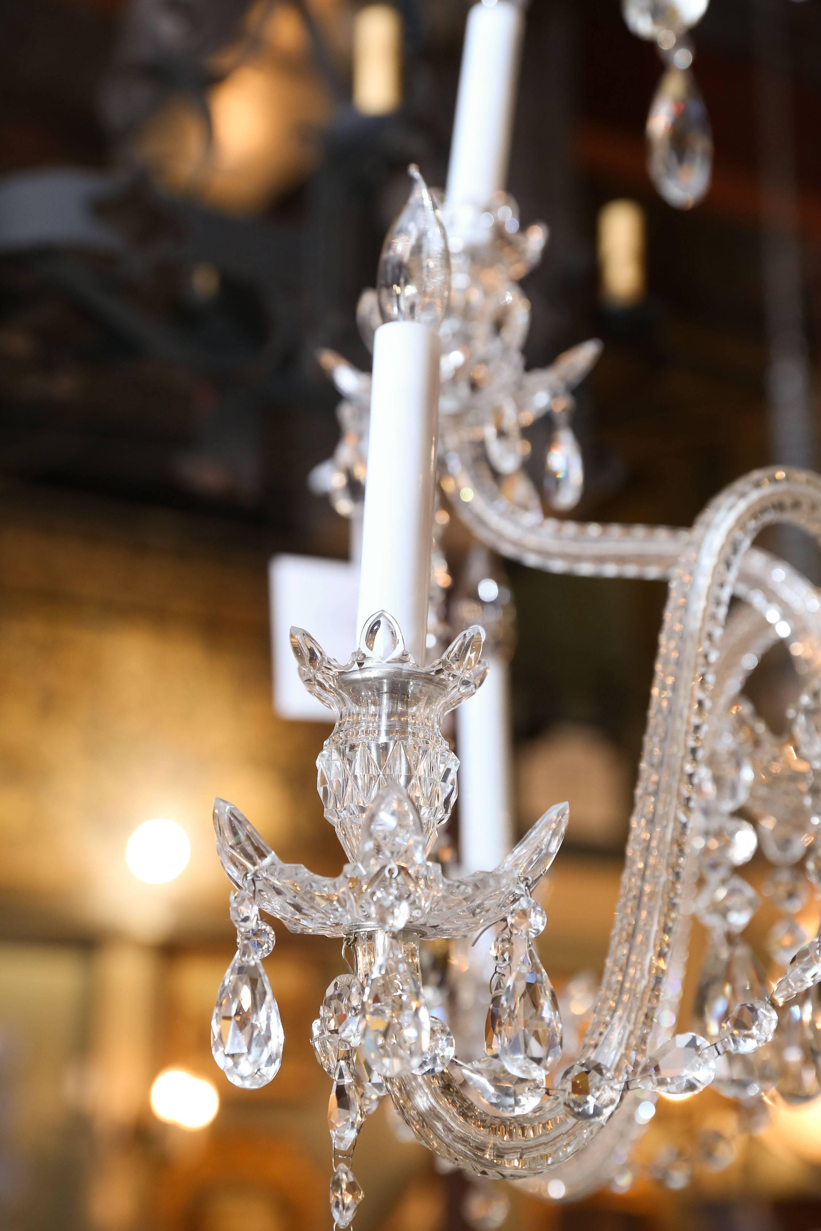 French Eight-Light Chandelier with Four Tiers of Crystals and Etched Glass Body