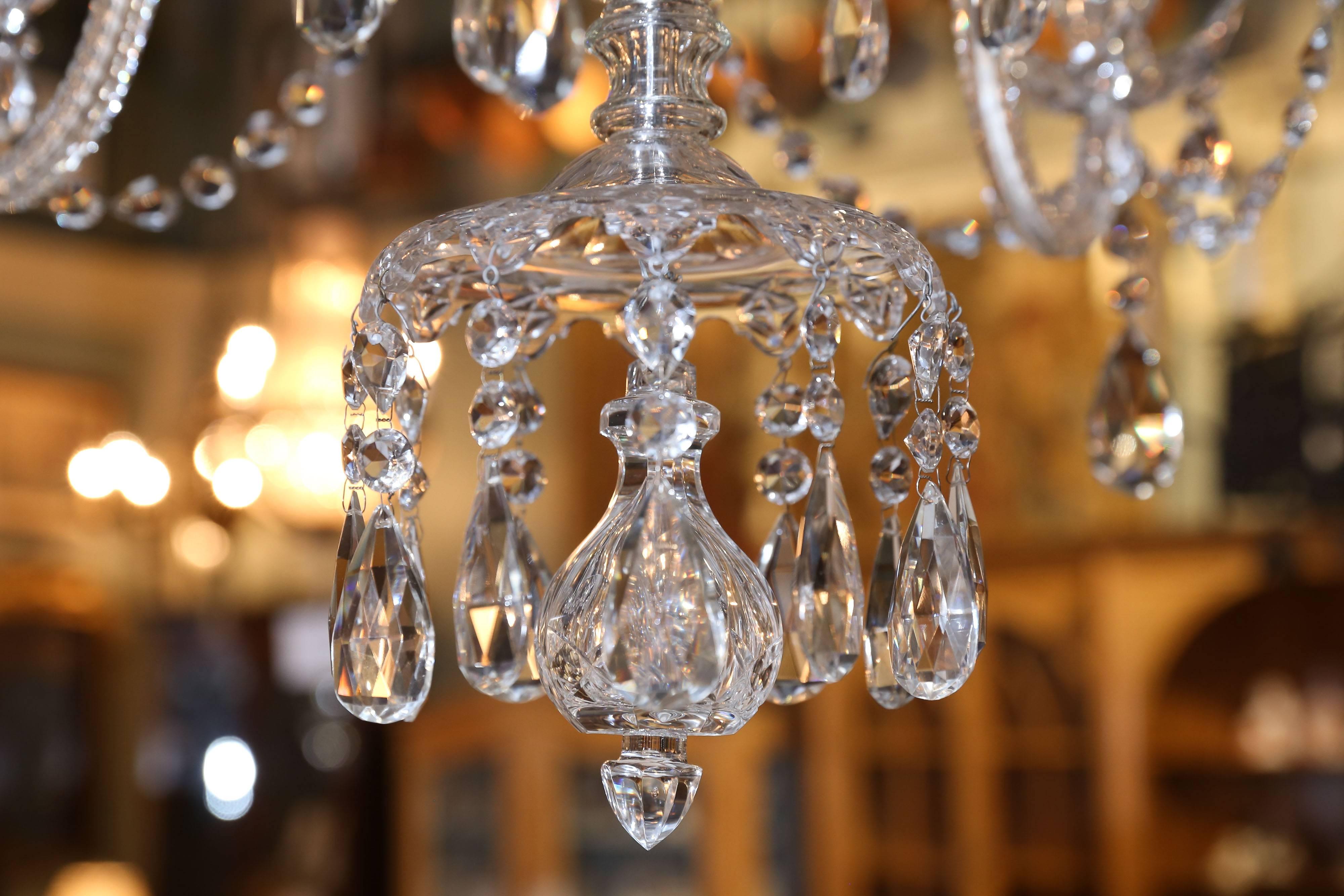 Eight-Light Chandelier with Four Tiers of Crystals and Etched Glass Body In Excellent Condition In Houston, TX