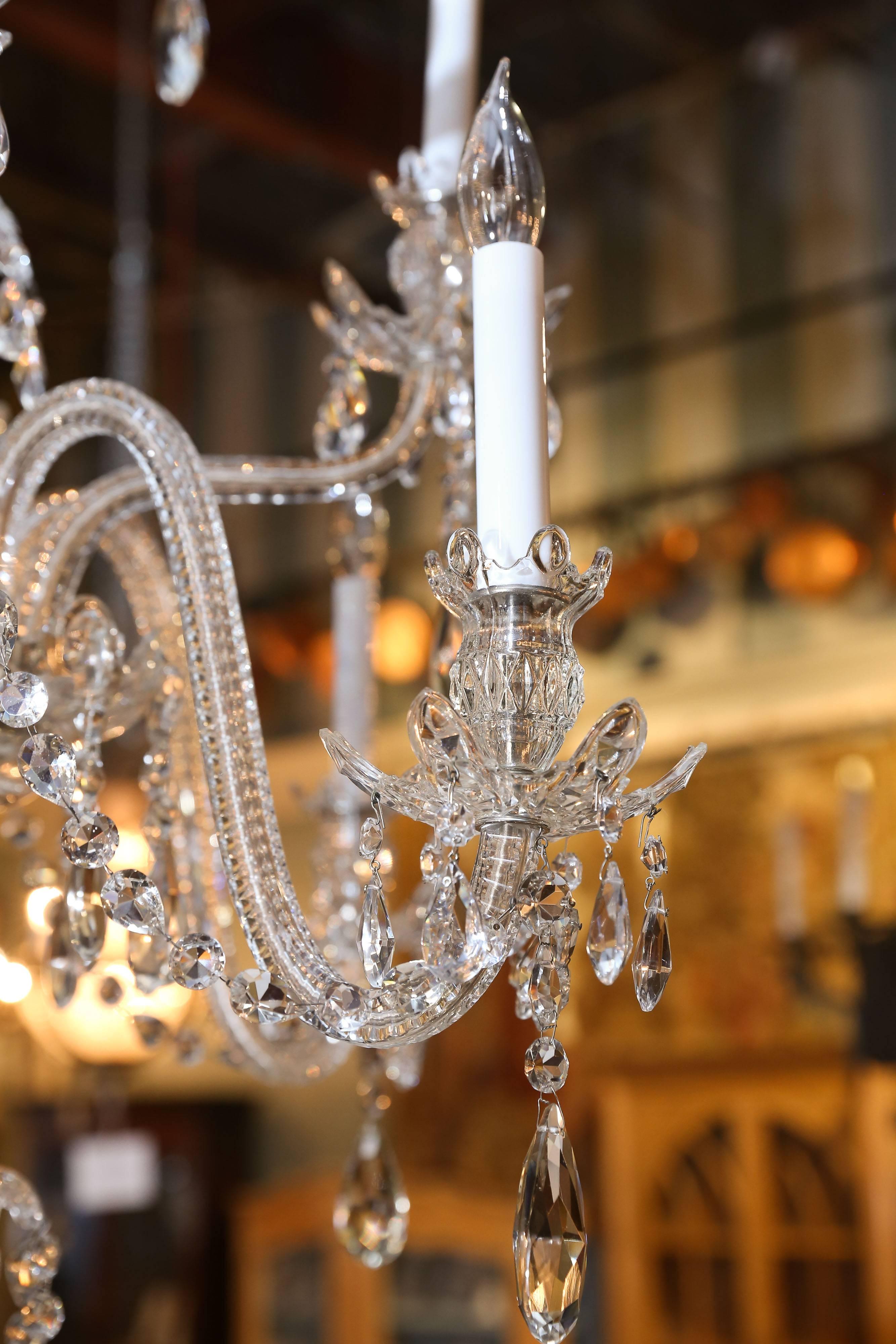 19th Century Eight-Light Chandelier with Four Tiers of Crystals and Etched Glass Body