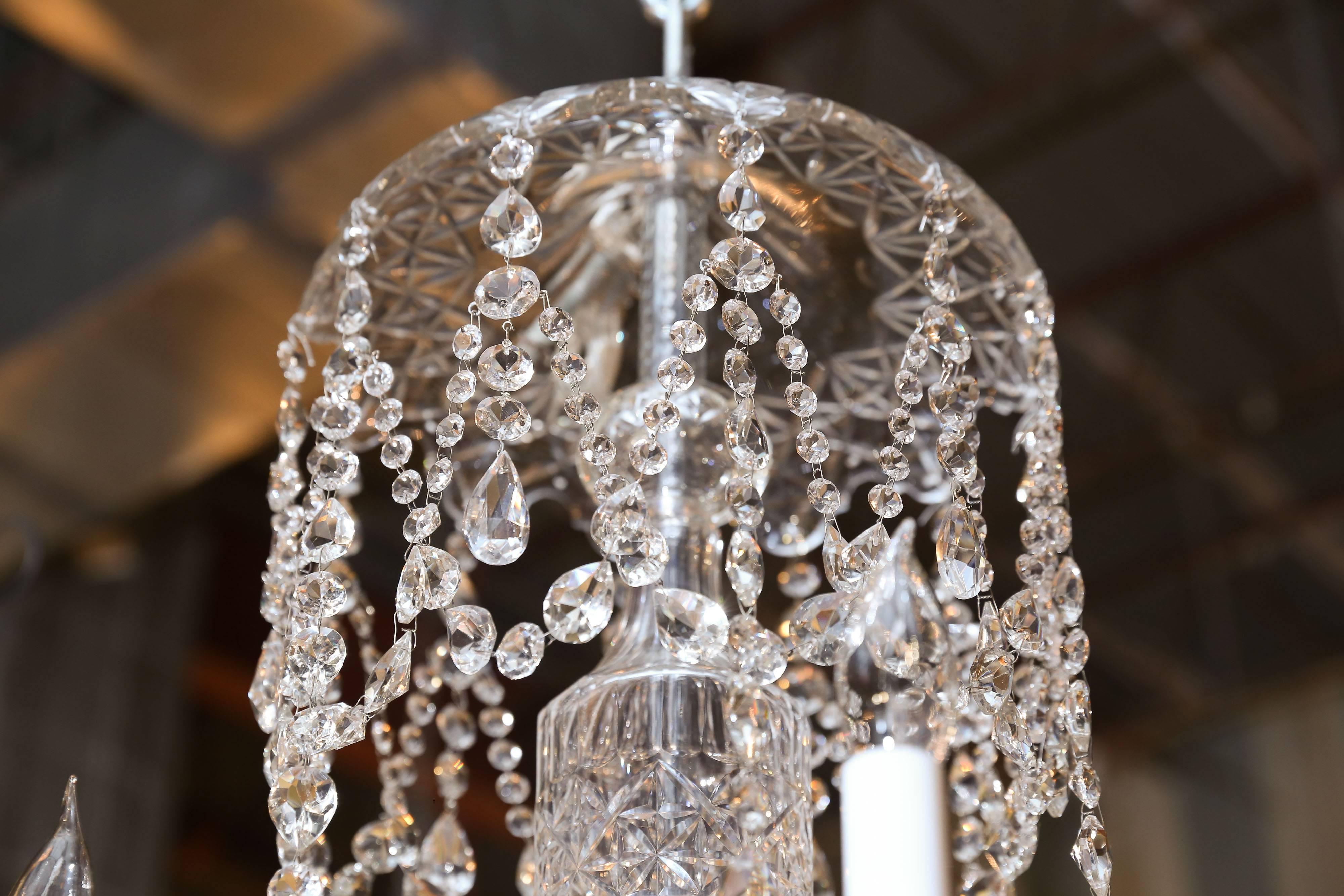 Eight-Light Chandelier with Four Tiers of Crystals and Etched Glass Body 1