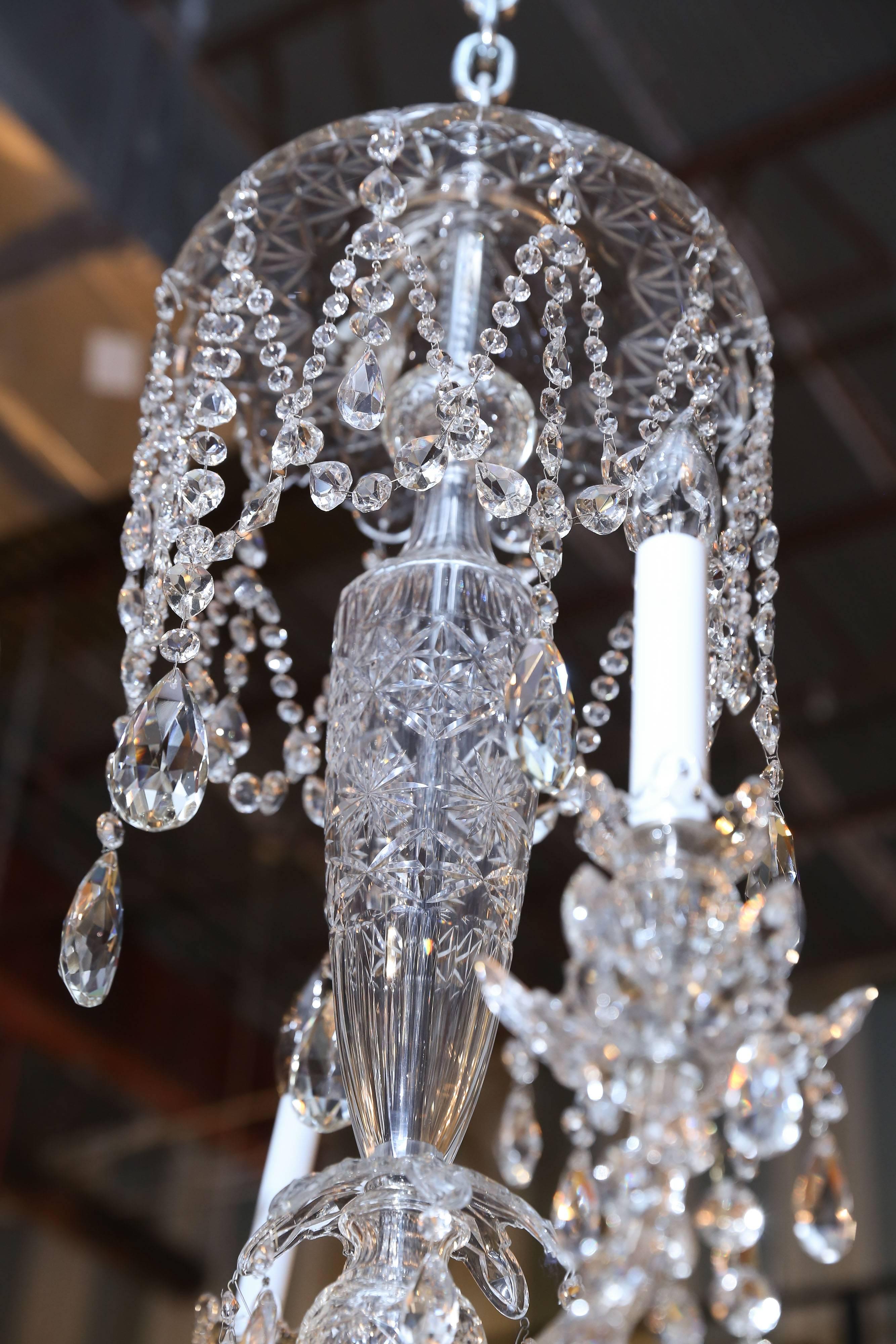 Eight-Light Chandelier with Four Tiers of Crystals and Etched Glass Body 3