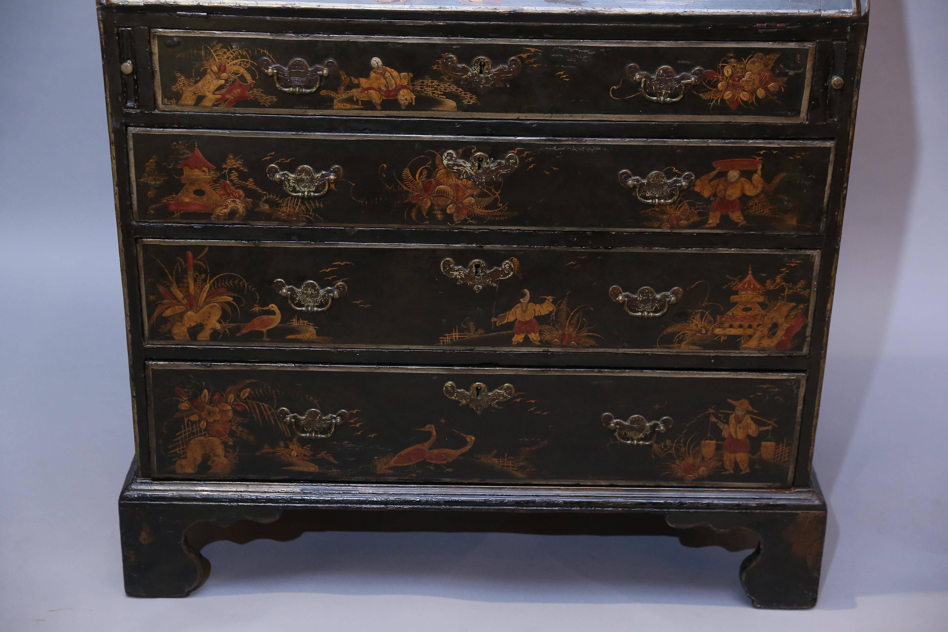19th Century Antique English Black Chinoiserie Slant Desk with a Vibrant Red Interior