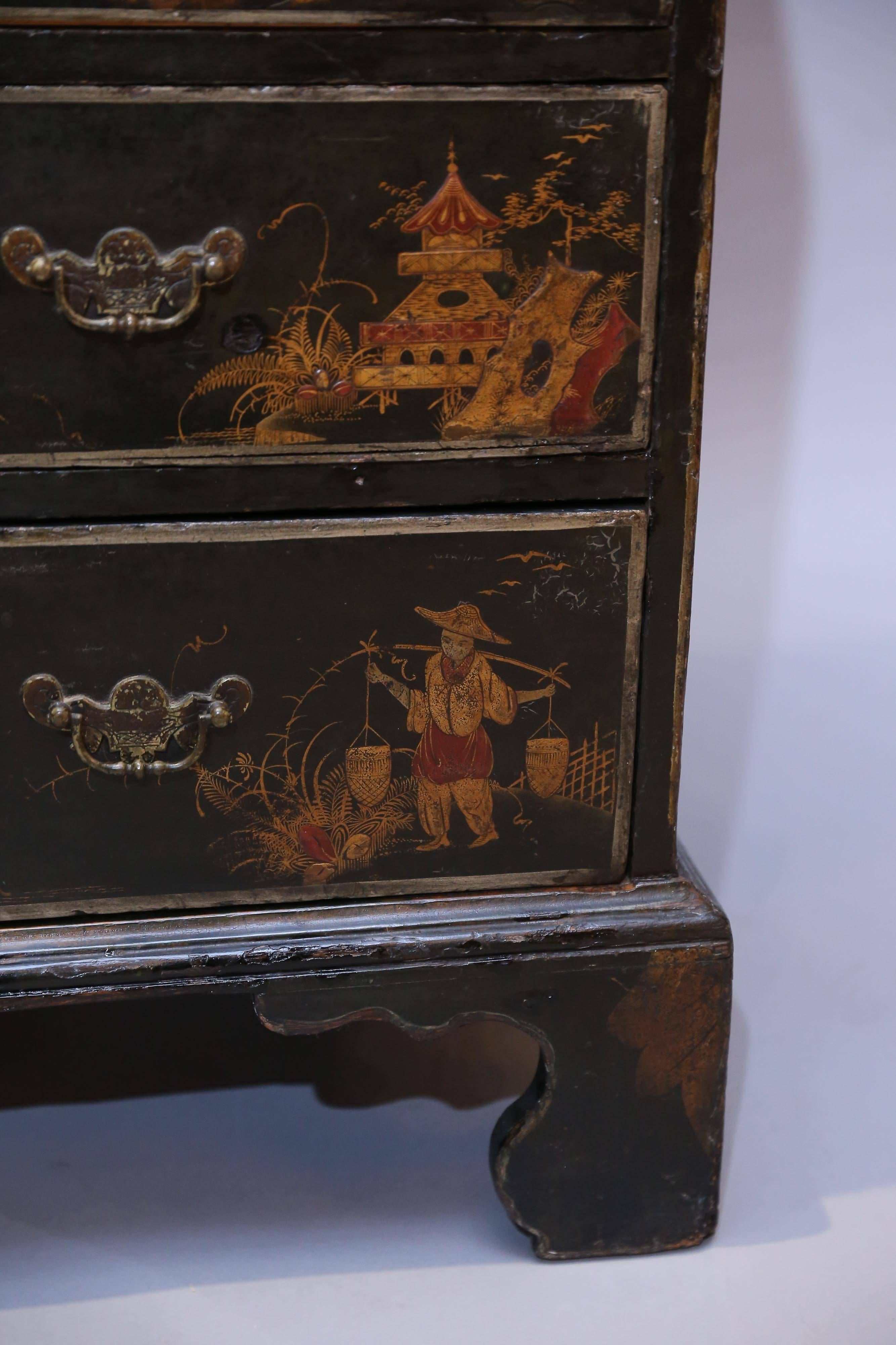 Antique English Black Chinoiserie Slant Desk with a Vibrant Red Interior 2