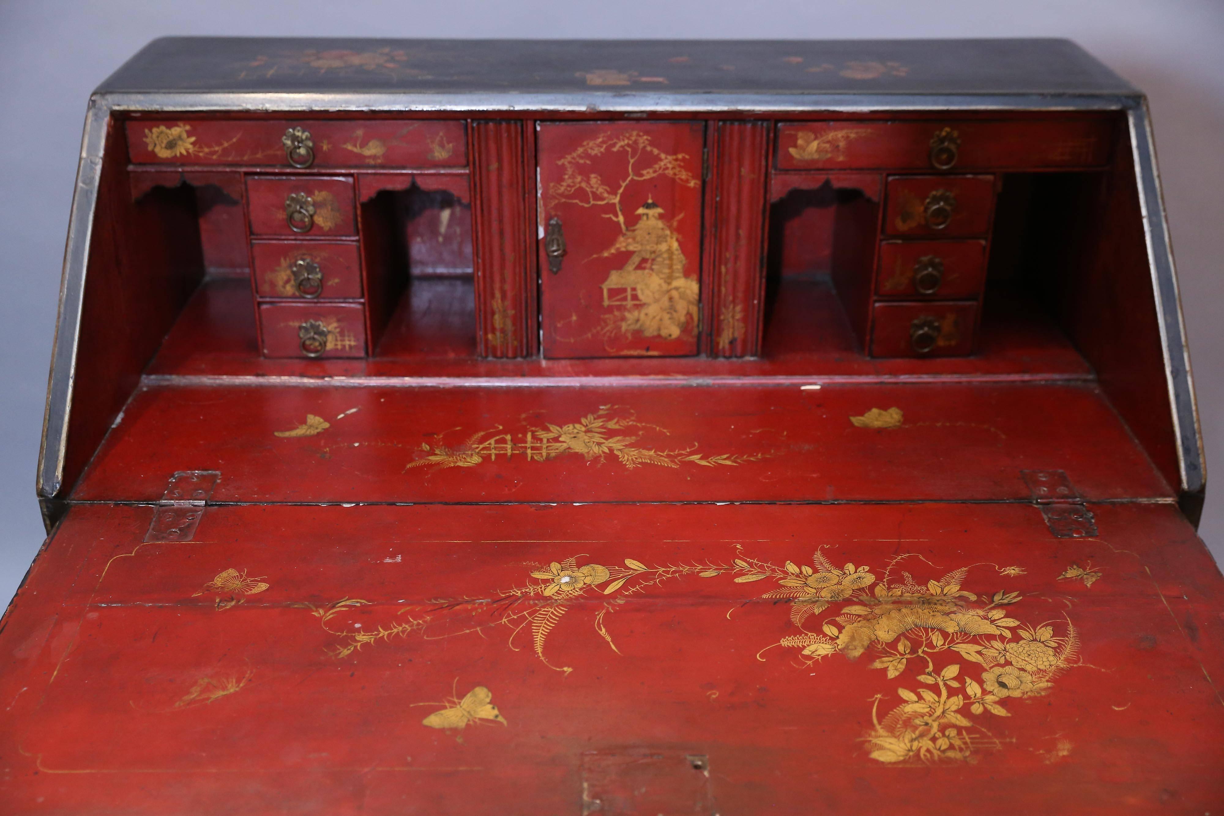 Antique English Black Chinoiserie Slant Desk with a Vibrant Red Interior 3