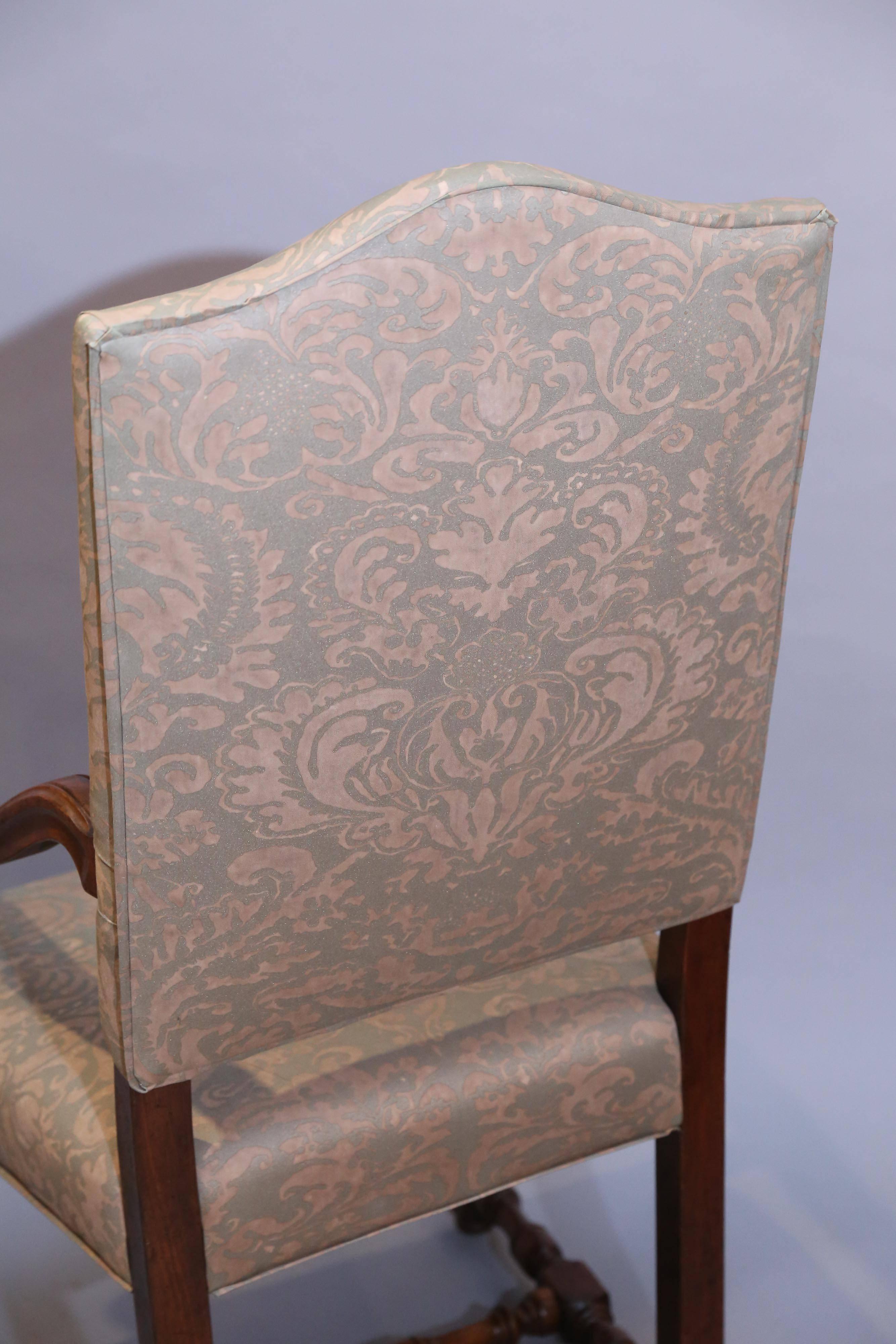 Louis XIII Set of Eight French Louis XIV-Style Walnut Dining Chairs Upholstered in Fortuny For Sale