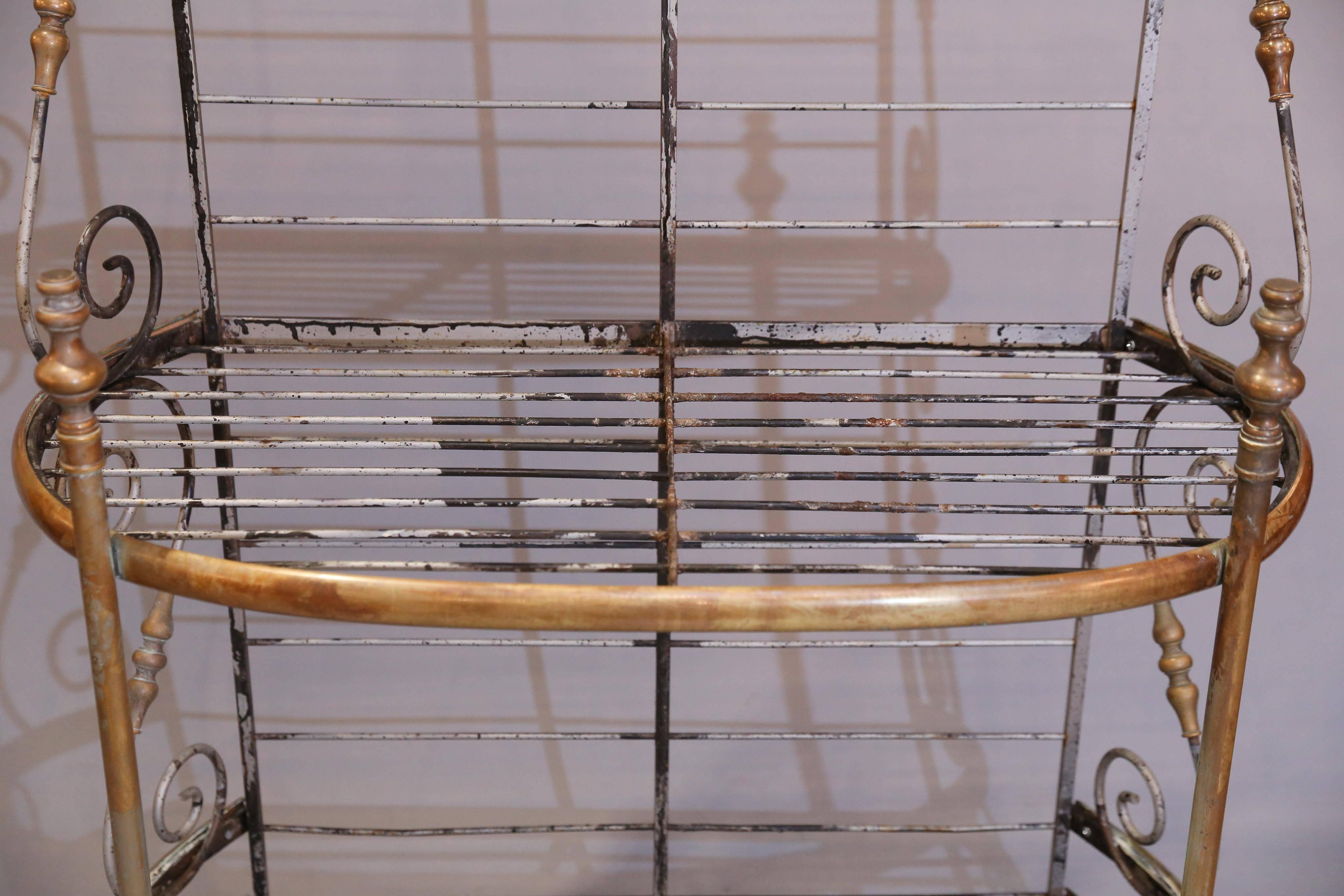 Narrow Wrought Iron and Brass Baker's Rack In Distressed Condition In Houston, TX