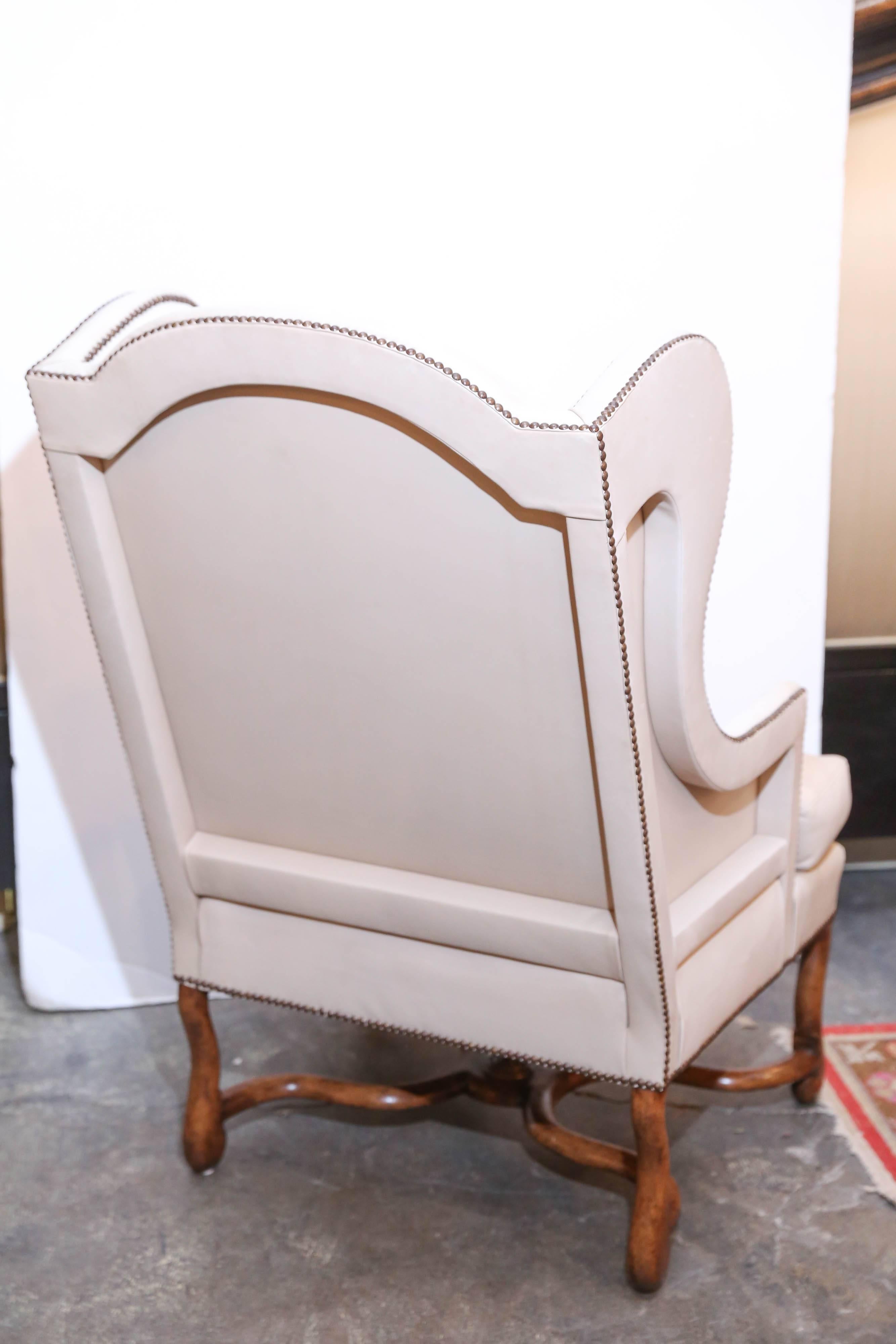 19th Century Pair of Mouton Wing Chairs in Off-White Leather For Sale