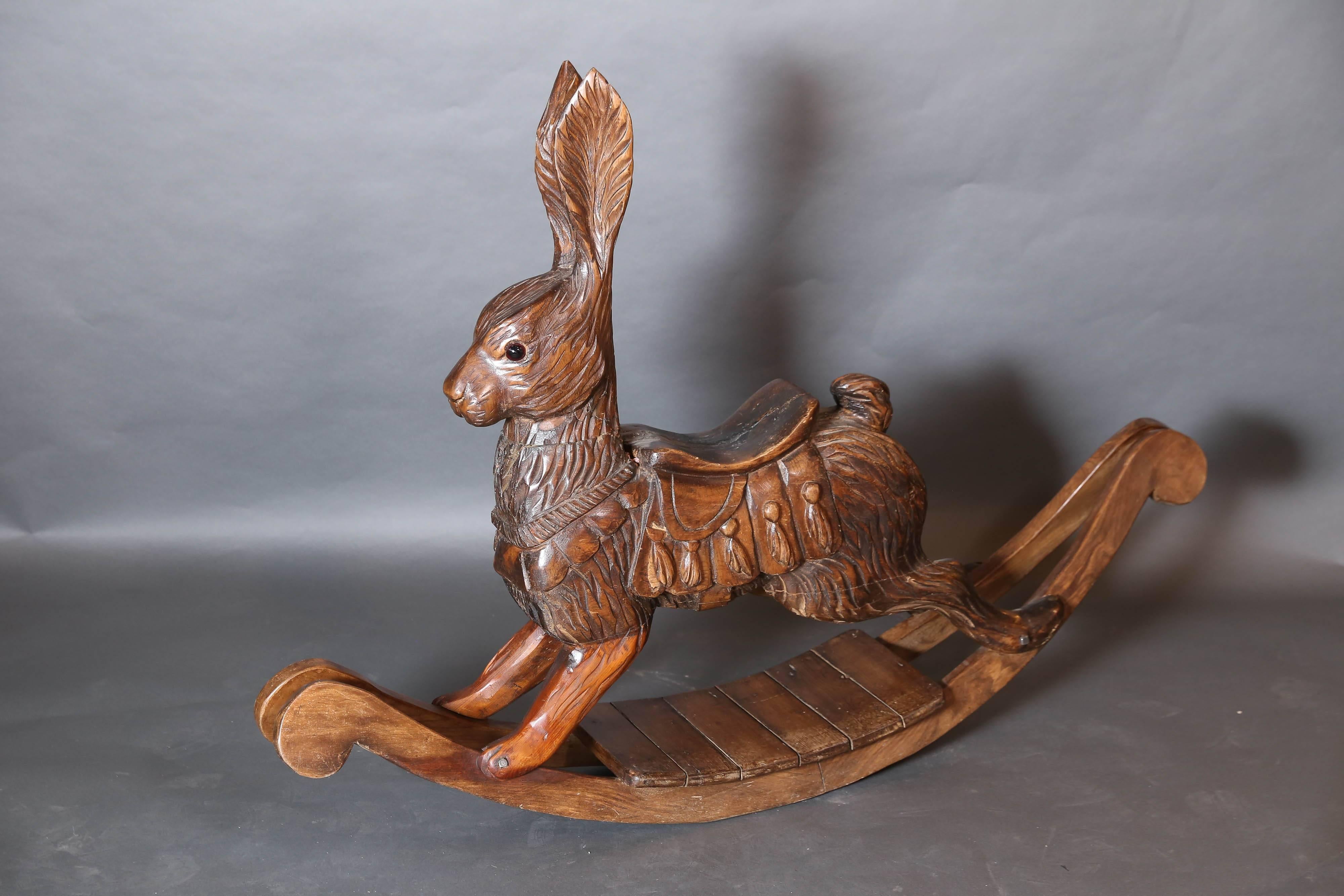 Country Carved Carousel Fruitwood Rabbit converted to Rocker