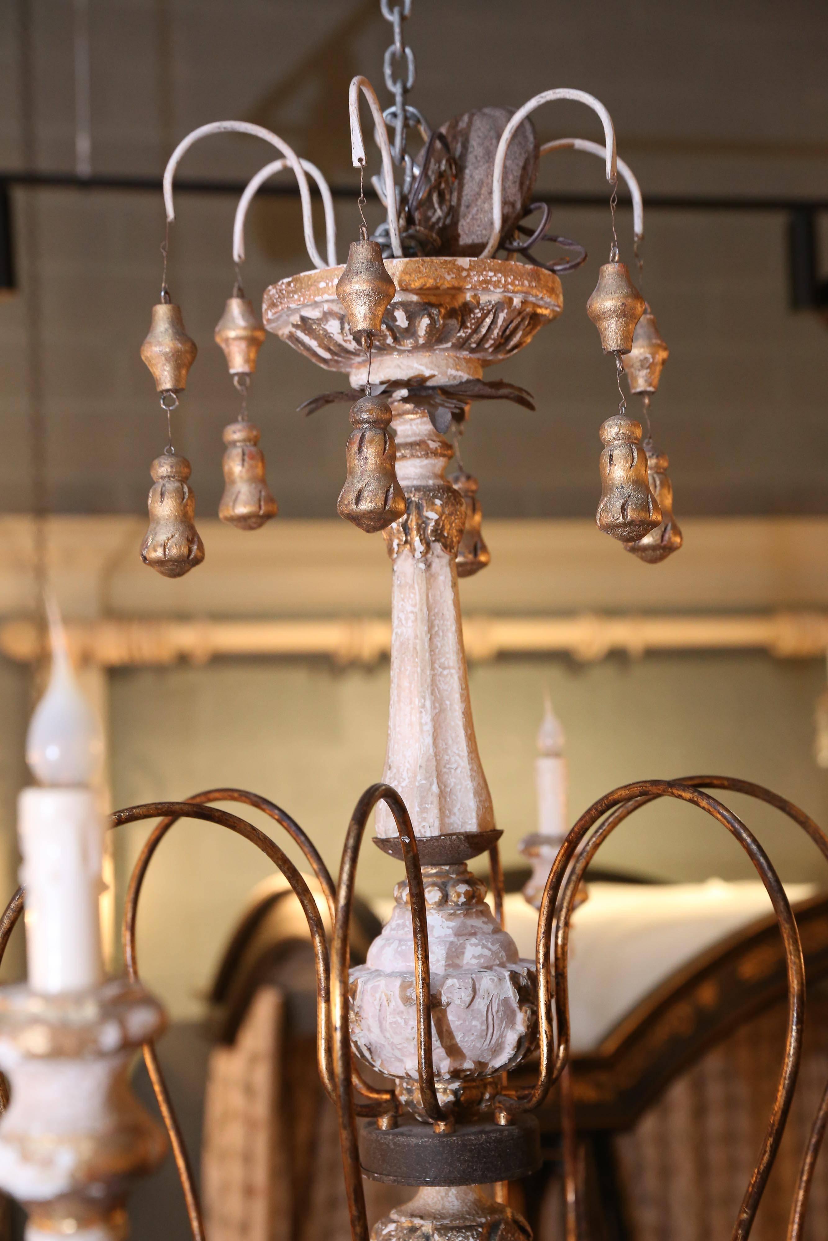 Large Painted Six-Light Swedish Chandelier In Distressed Condition For Sale In Houston, TX