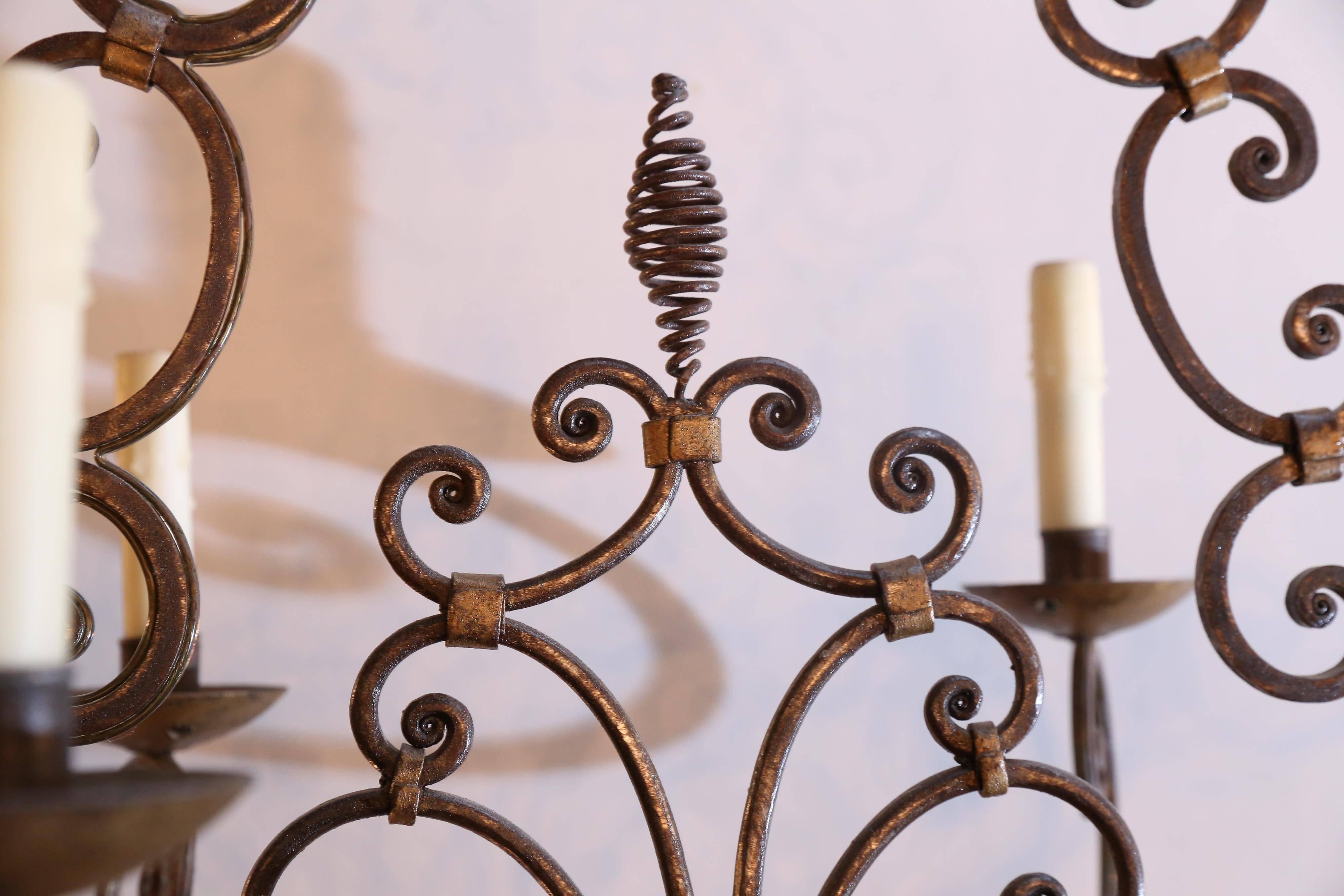 French Provincial French Six-Light Scroll Work Wrought Iron Chandelier