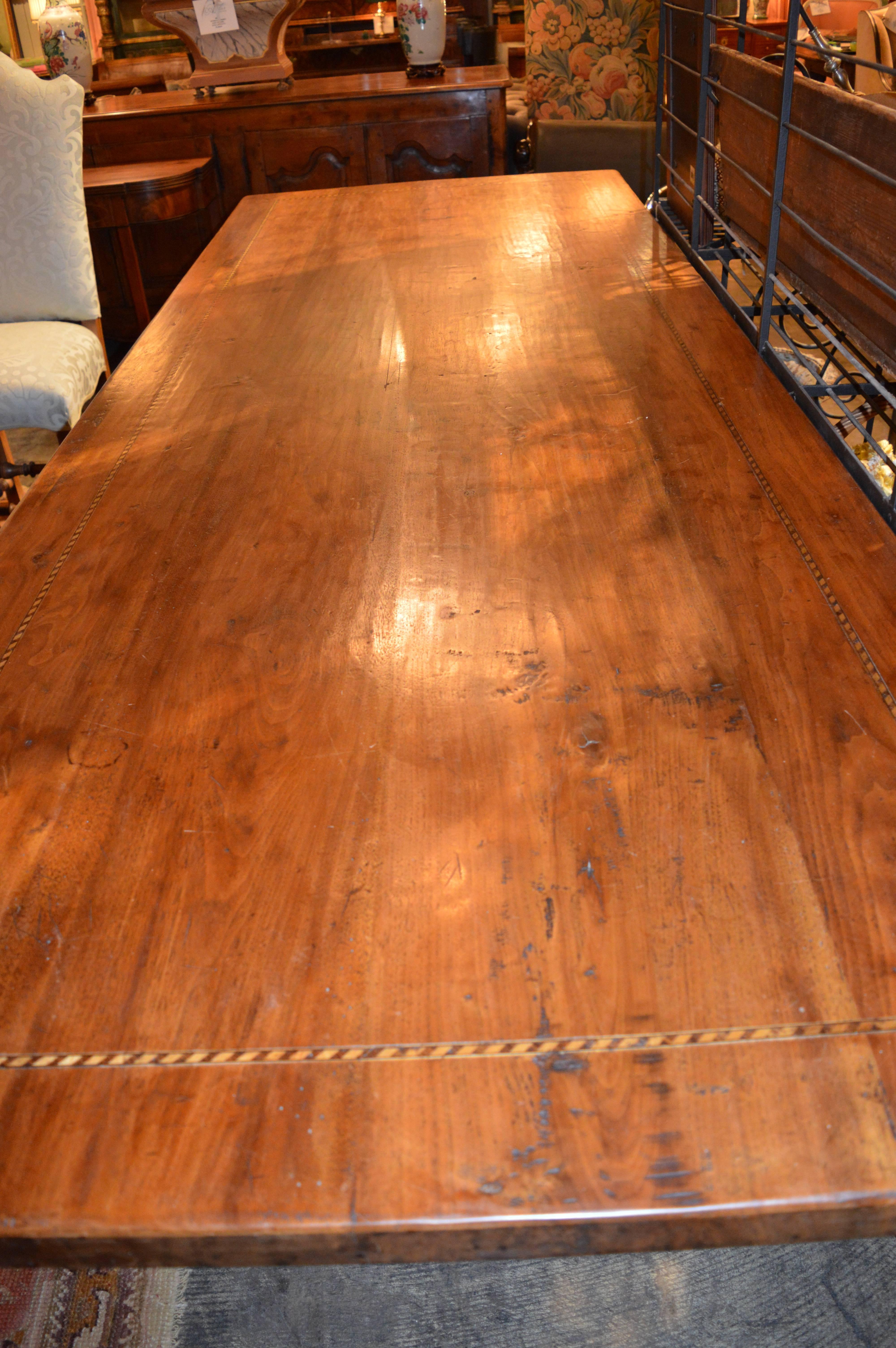 Carved Walnut Trestle Table with  Chestnut Banding