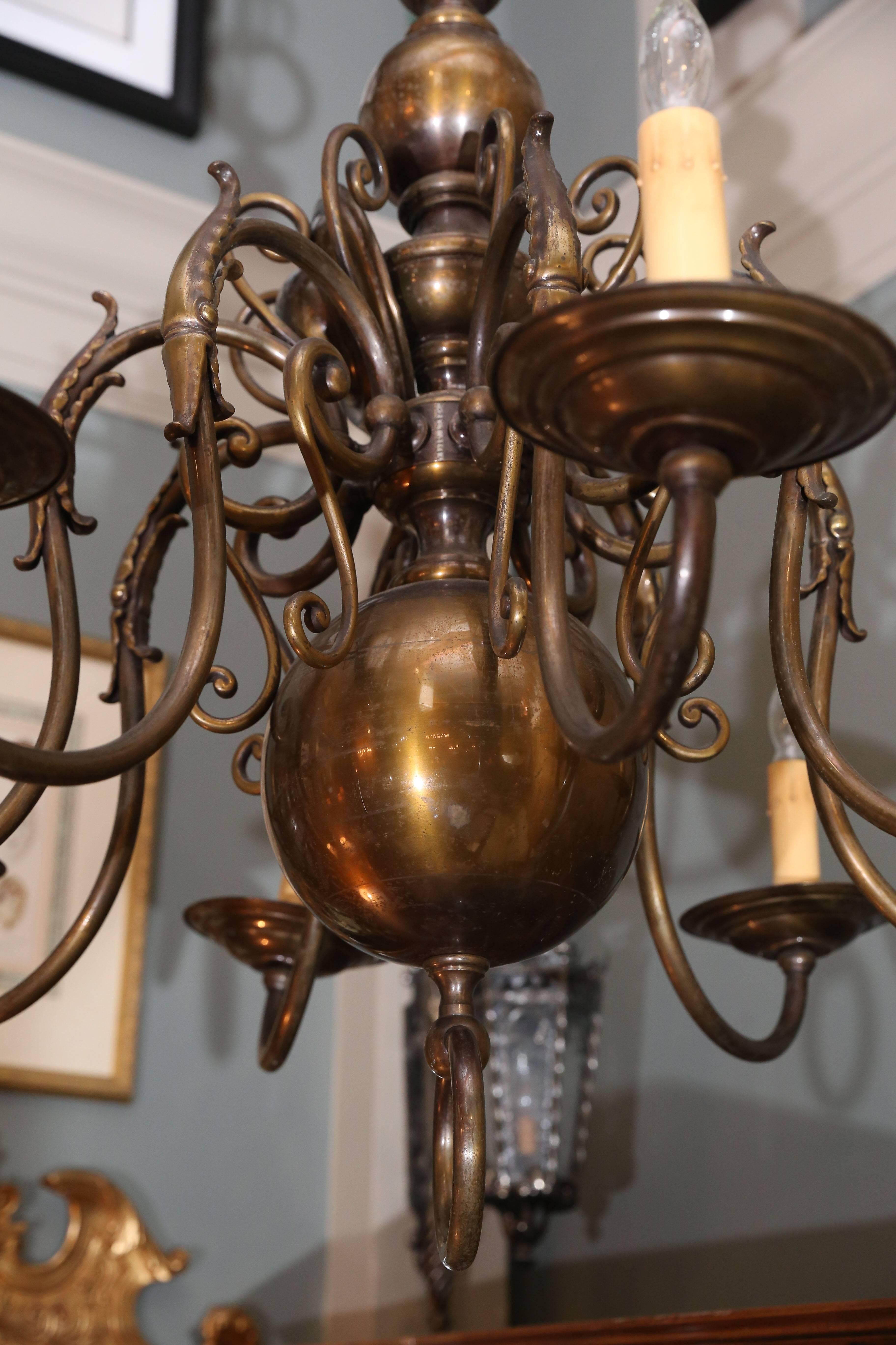 Cast Brass Dutch Eight-Light Chandelier For Sale