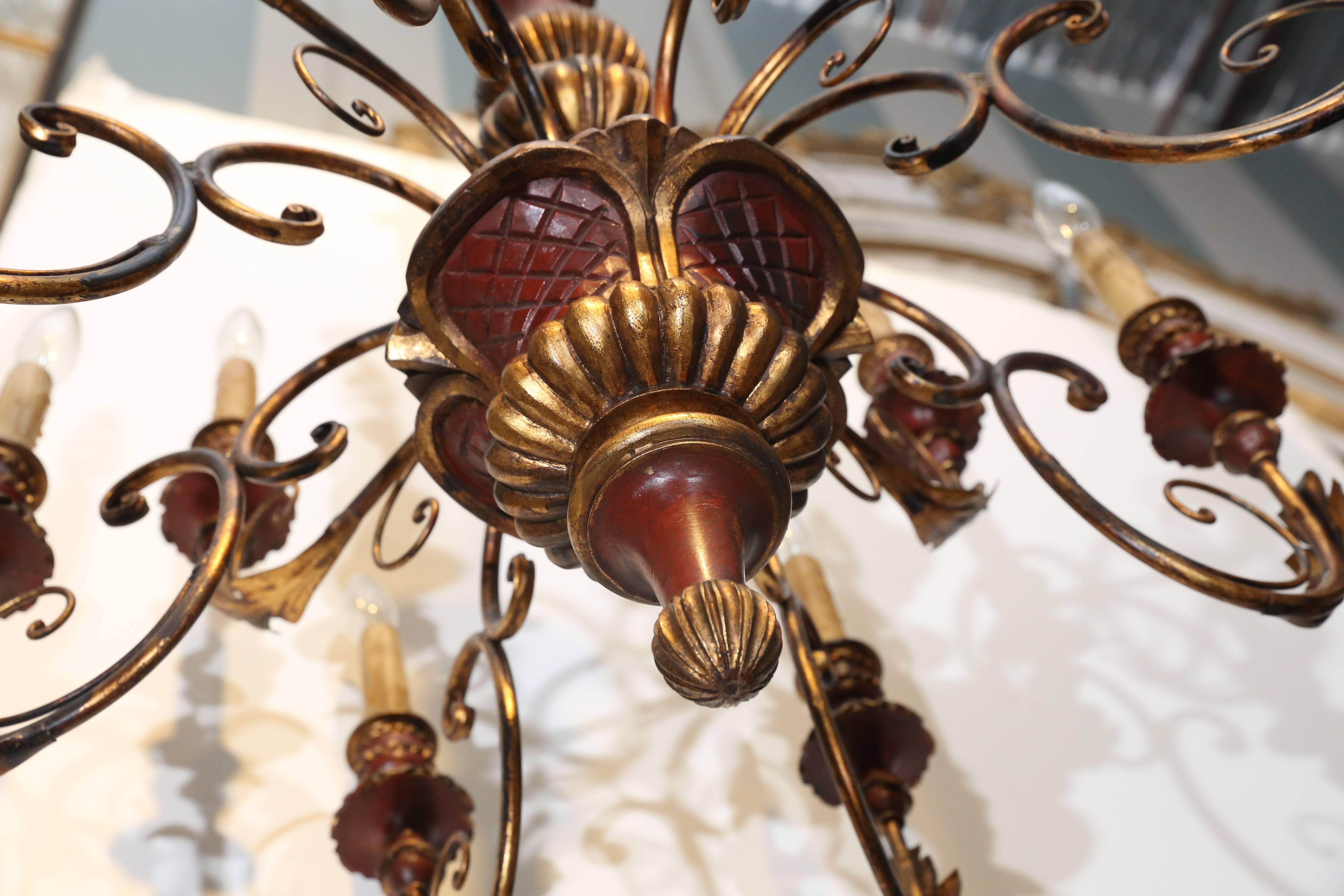 Italian Wood Chandelier carved, gilt & painted with metal details