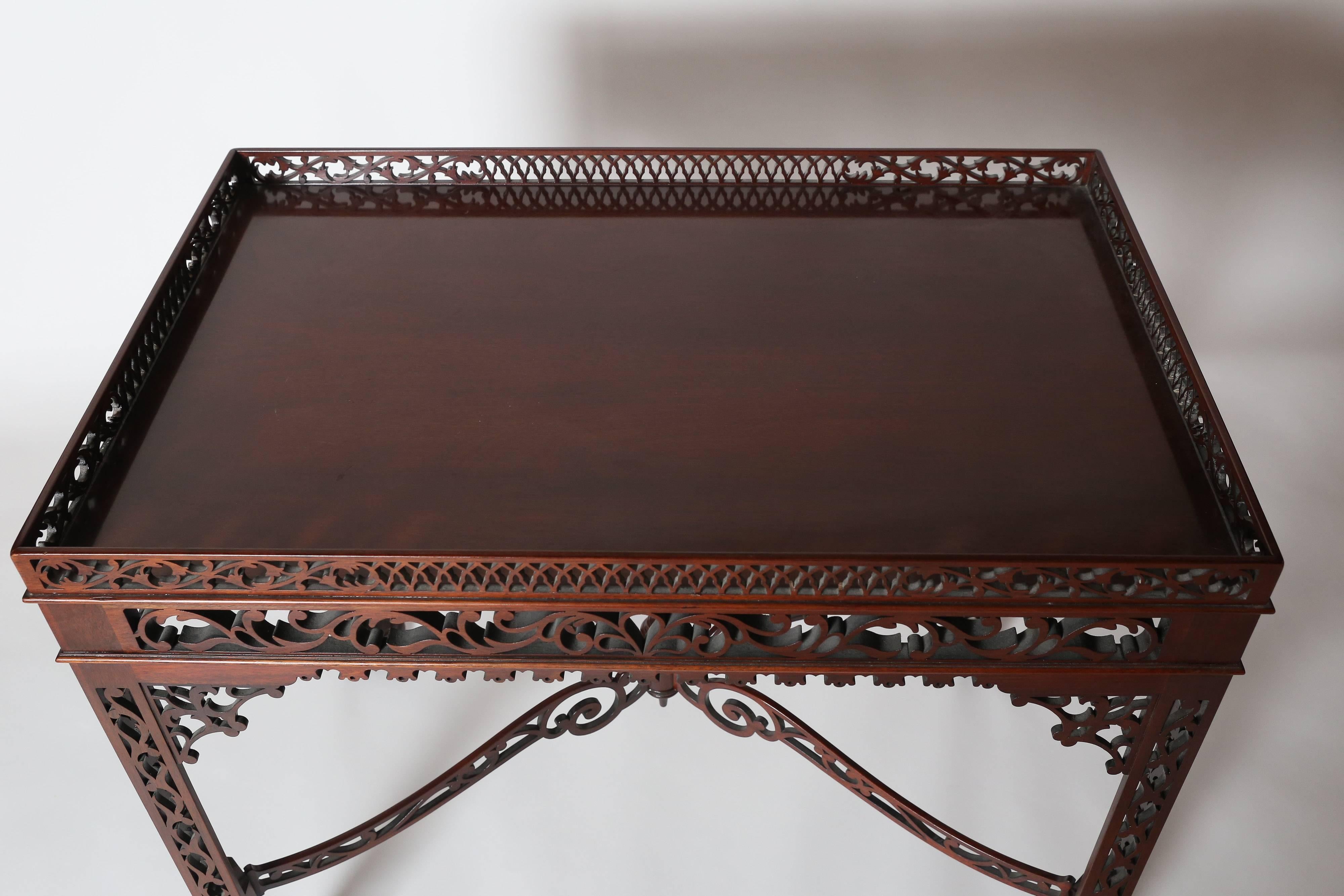 Carved Baker Furniture Mahogany Fretwork Chinese Chippendale Tea Table