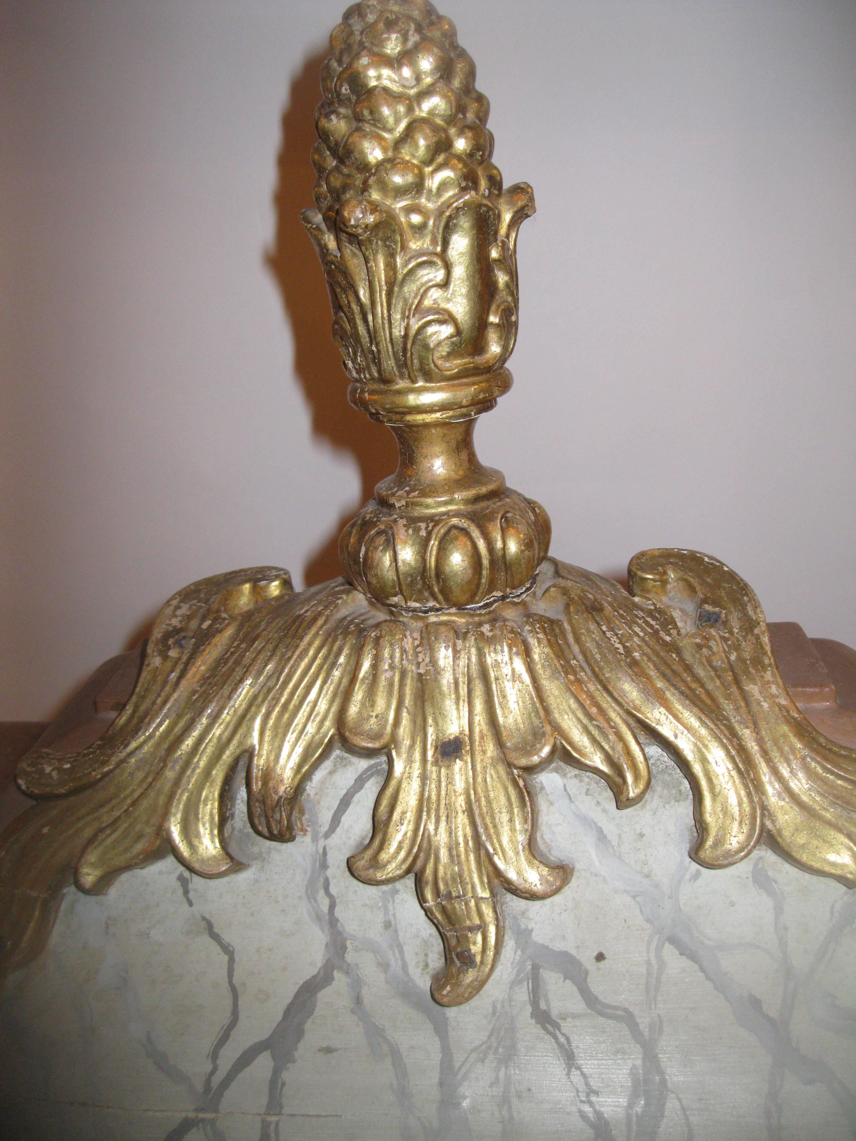 Antique coal hod has been painted in faux marble with a,
band around perimeter and gold pinstripe, to accentuate the unusual shape.

Wonderful gilt finial with great detail at the top.

Sits upon painted ball feet.

  