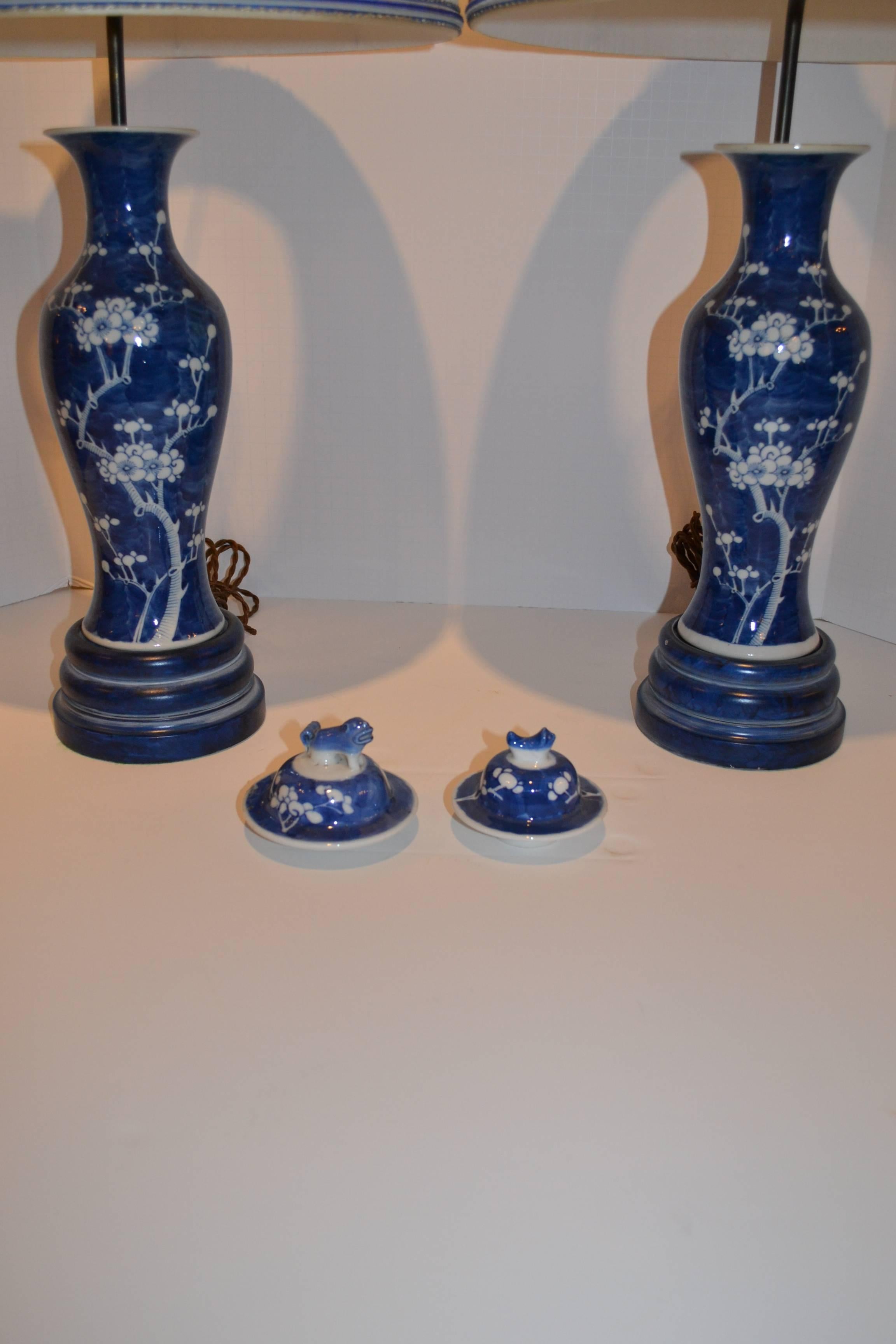 Chinese Export Pair of Blue and White Lamps with Dressmaker Shades