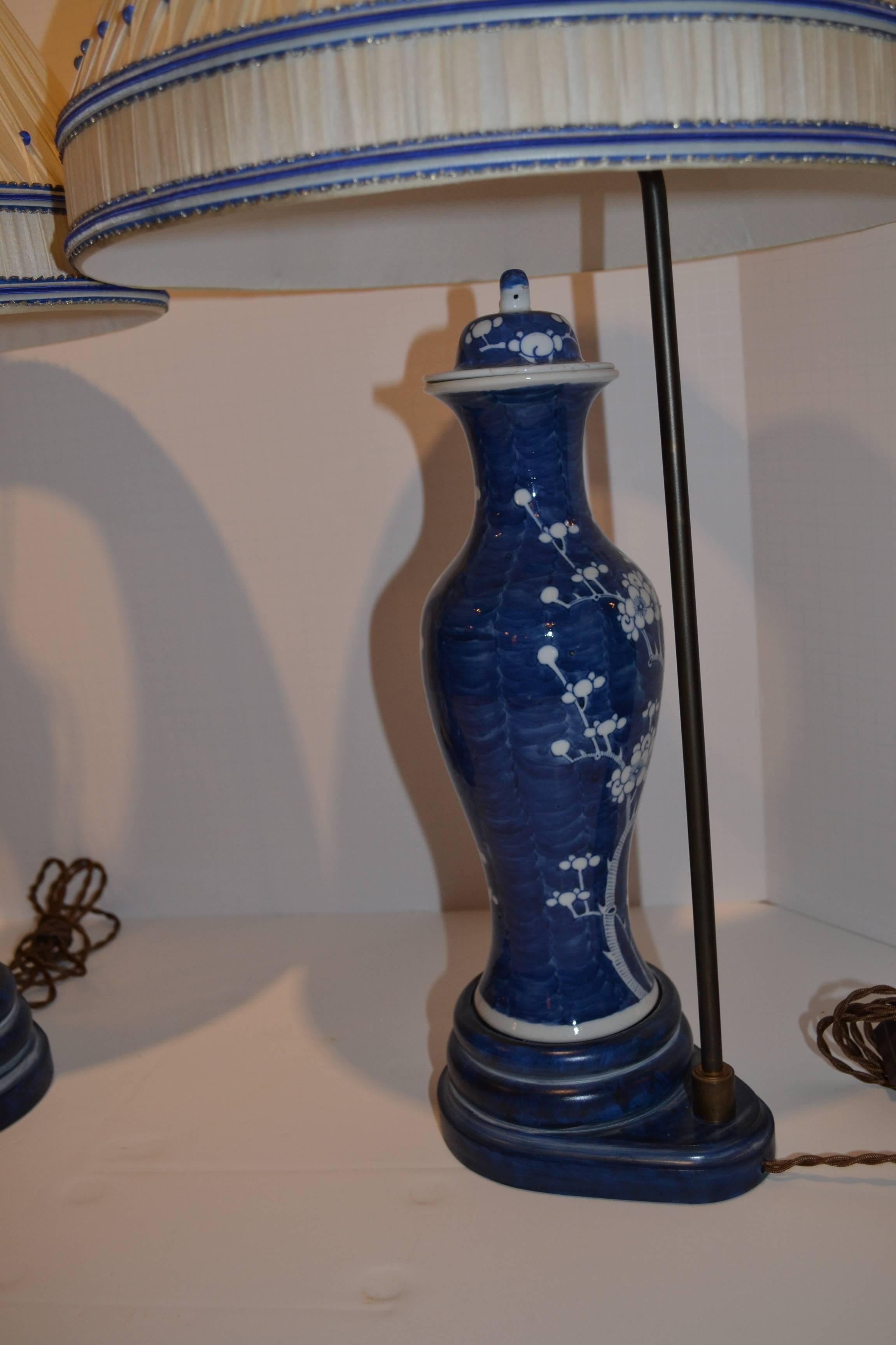 Painted Pair of Blue and White Lamps with Dressmaker Shades