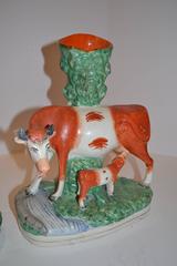 Pair of Staffordshire Figurines with Cows, Calves, and Spill Vases