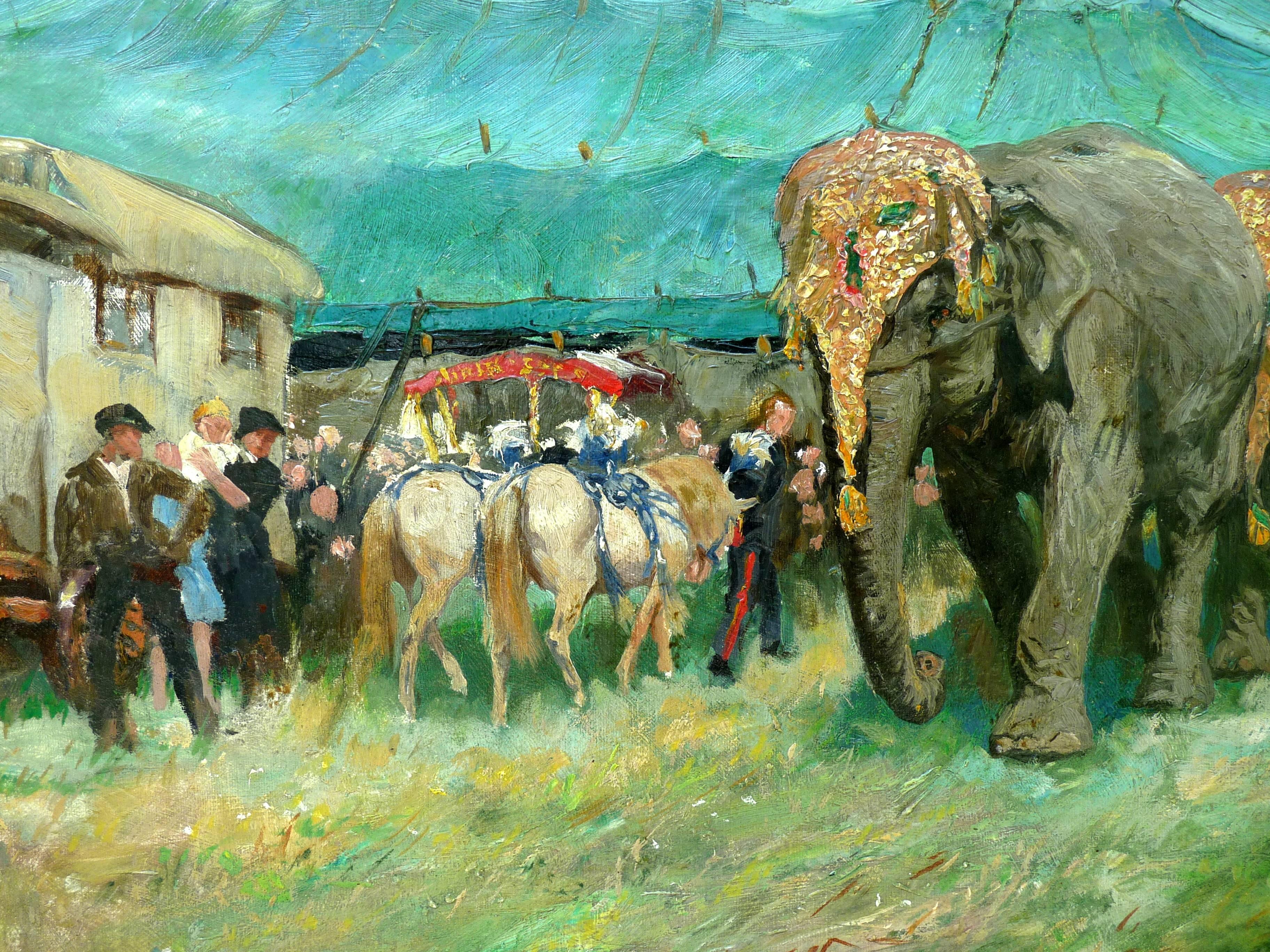 Charming oil painting showing the excitement of children as they observe the
gaiety of the circus and especially the elephants.

The elephants and the horses are dressed for their performance and the circus tent stands behind them.

Ms. Welch