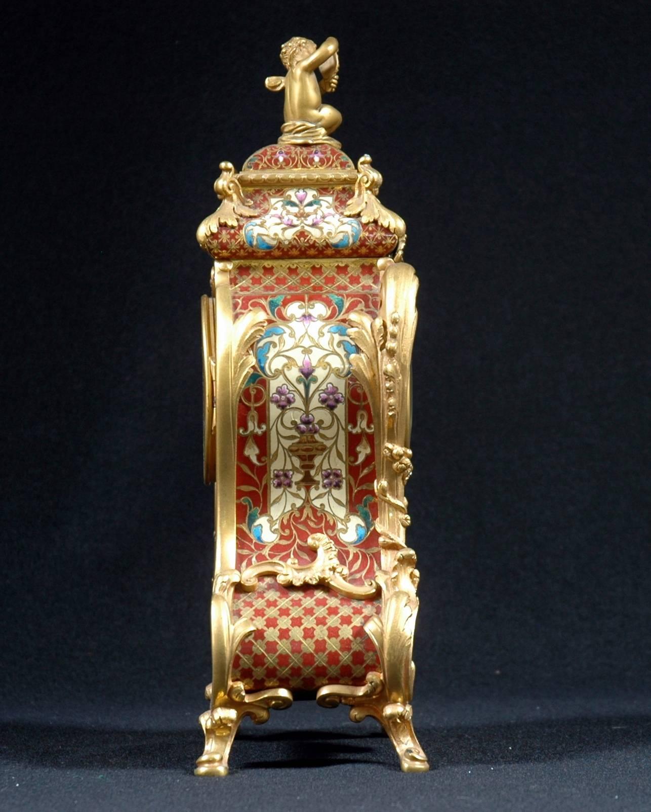 Art Nouveau 19th Century Tiffany Champleve Enameled Mantel or Bracket Clock For Sale