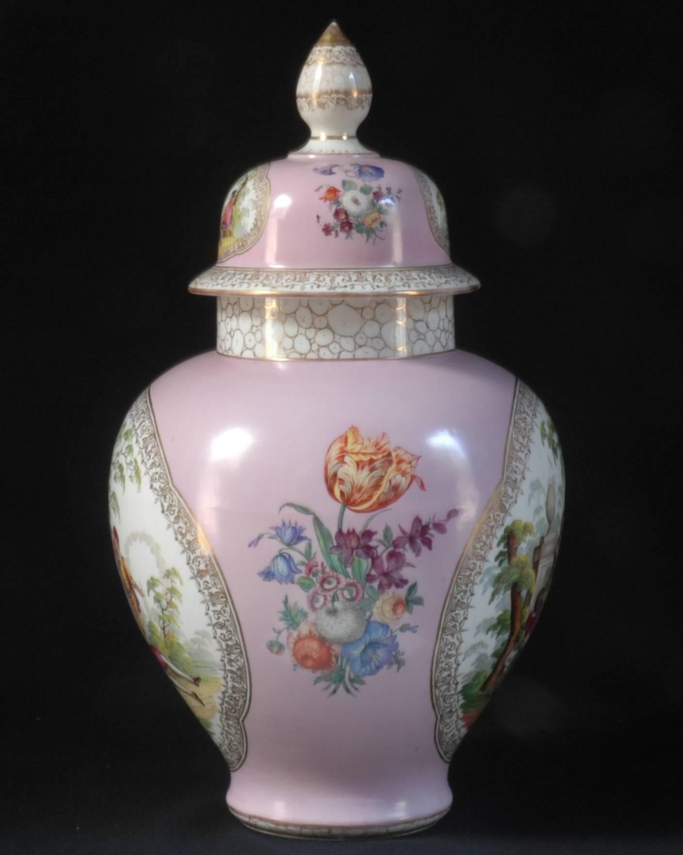 Meissen Augustus Rex Porcelain Ginger Jar by Helena Wolfsohn of Dresden, 
 Germany, 1880.
A rare (because of the large size), pink ground Dresden Porcelain Vase with lid
 decorated in the classical style featuring young people in a park