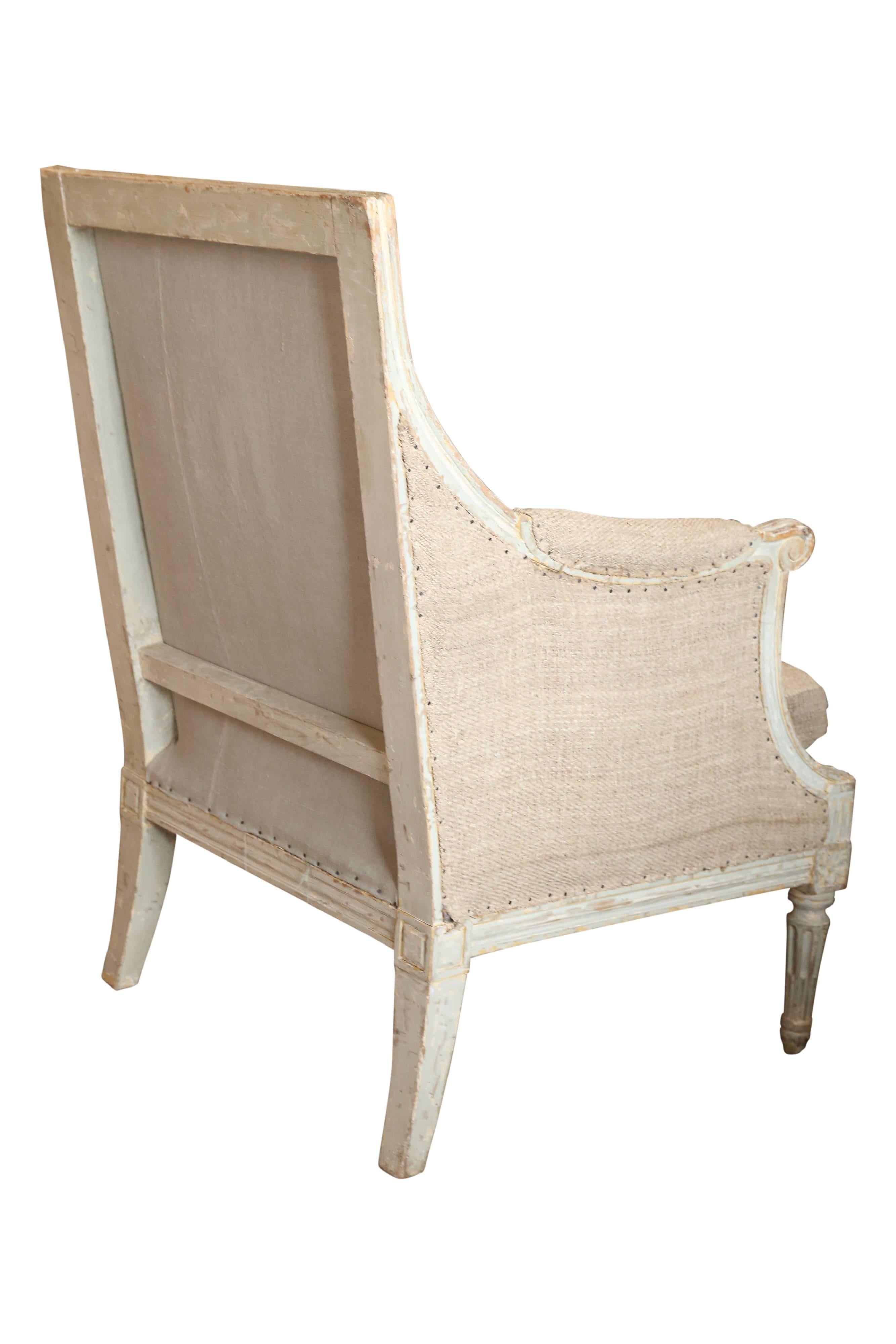 Carved Pair of Directoire Painted Bergeres Upholstered in Burlap