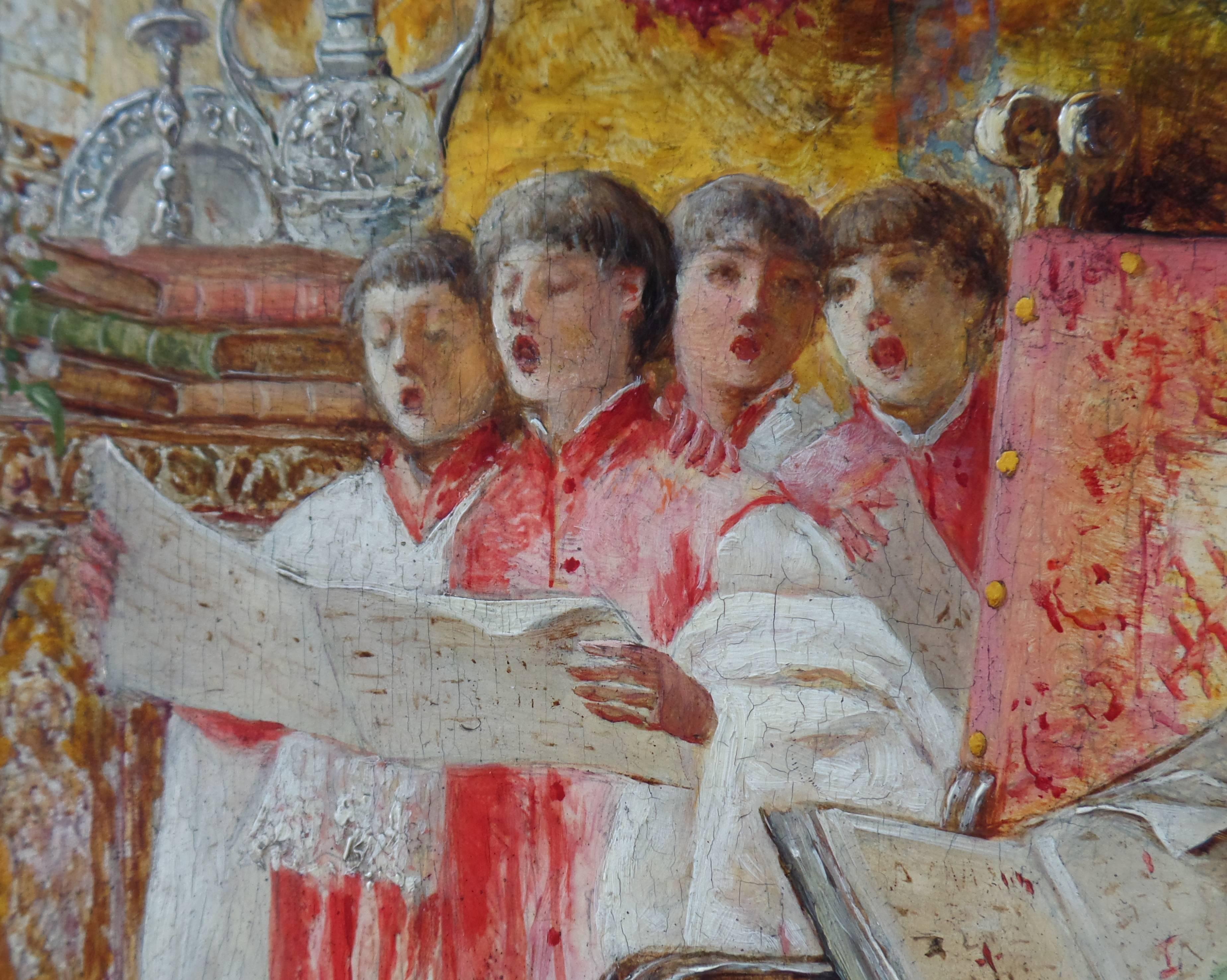 "Choir Boys" oil painting on a panel depicts a group of four robed choir boys singing in an ecclesiastical setting.

Pastel coloration highlight the grandeur of the Catholic Church.

Signed Antonio Rivas (Spanish,