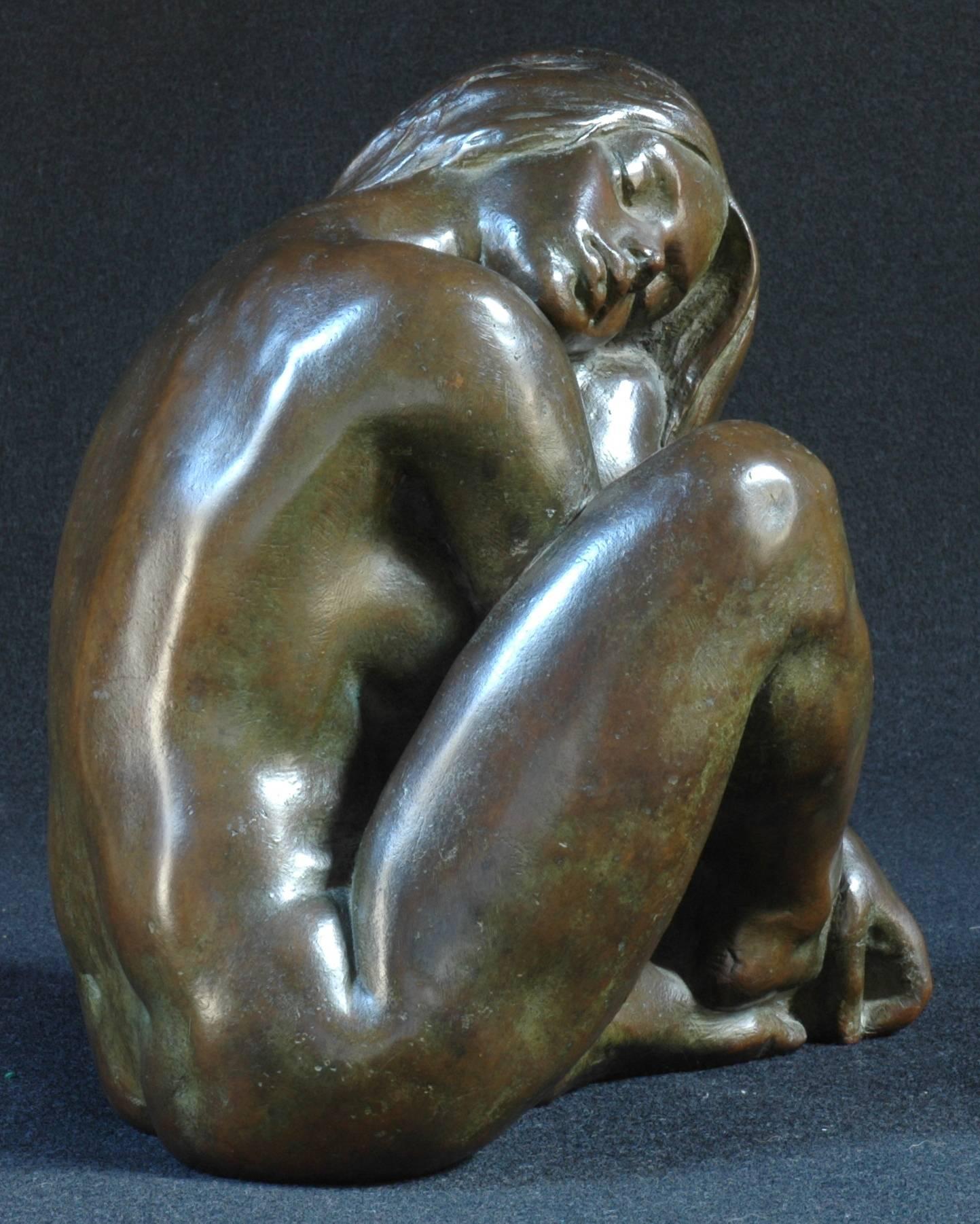 American Bronze Sculpture of a Nude Seated Woman with Long Flowing Hair For Sale