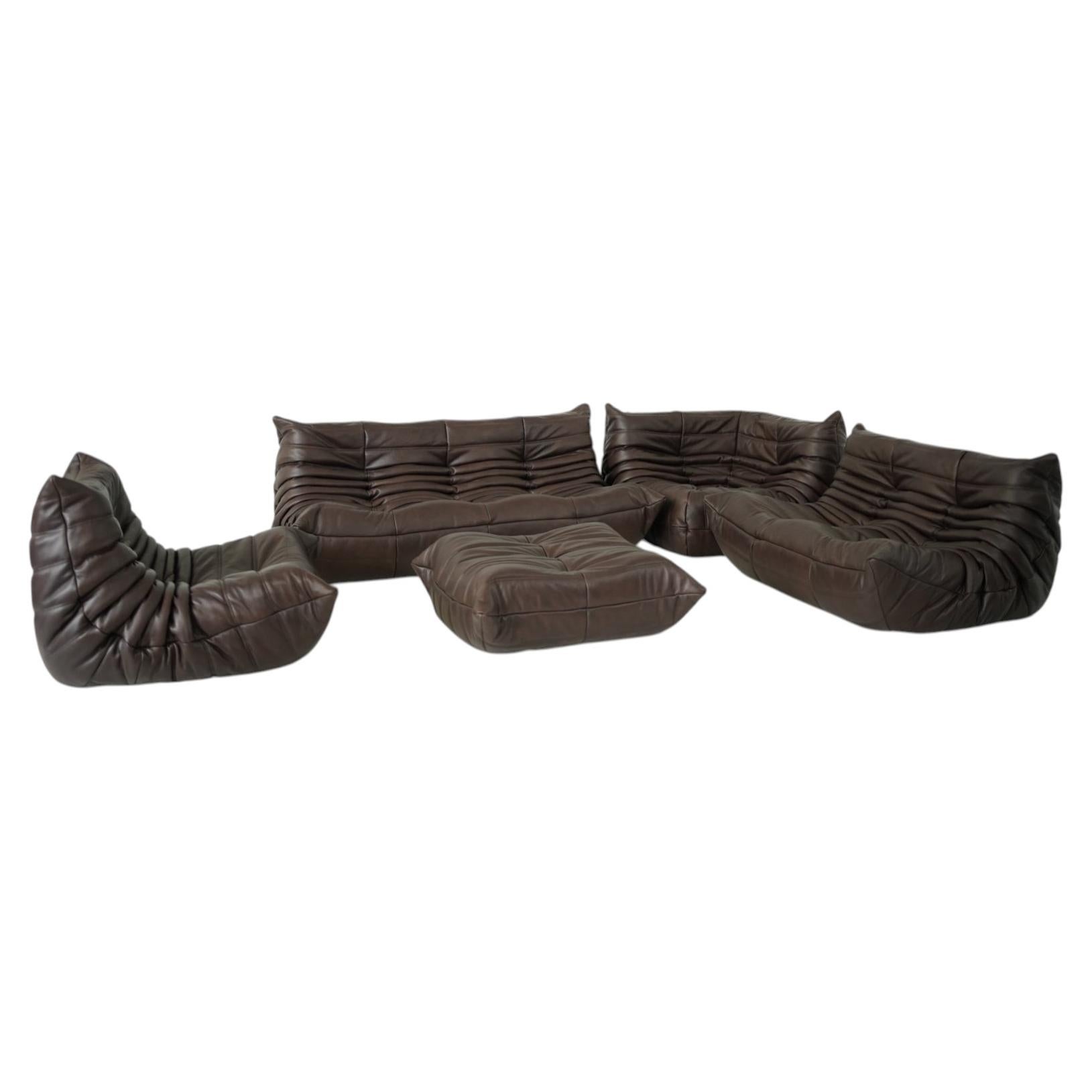 Sofá Togo, diseñado por Michel Ducaroy para Ligne Roset, personalizado en piel marrón en venta